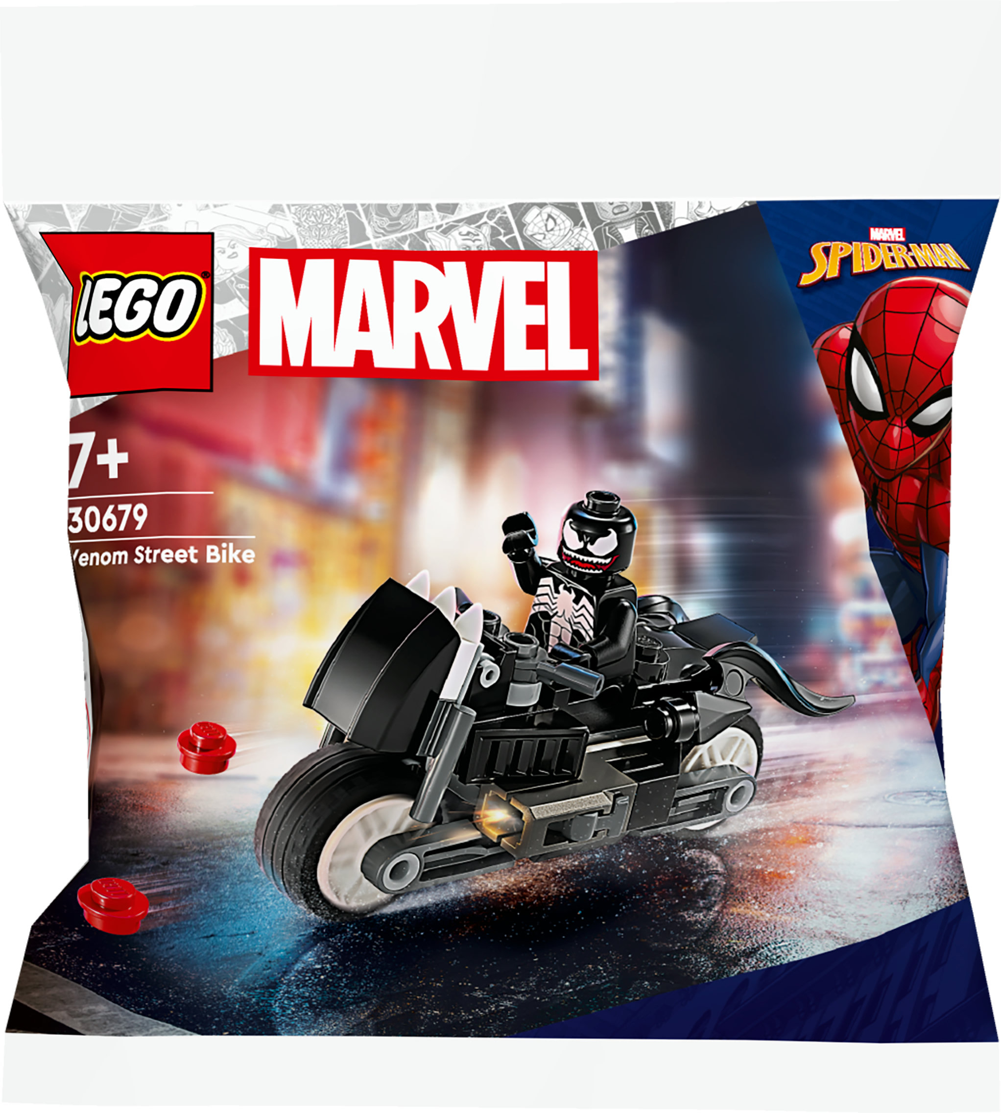 Venom-figuur op een zwarte Lego-motor met Spiderman en stadslichten op de achtergrond.