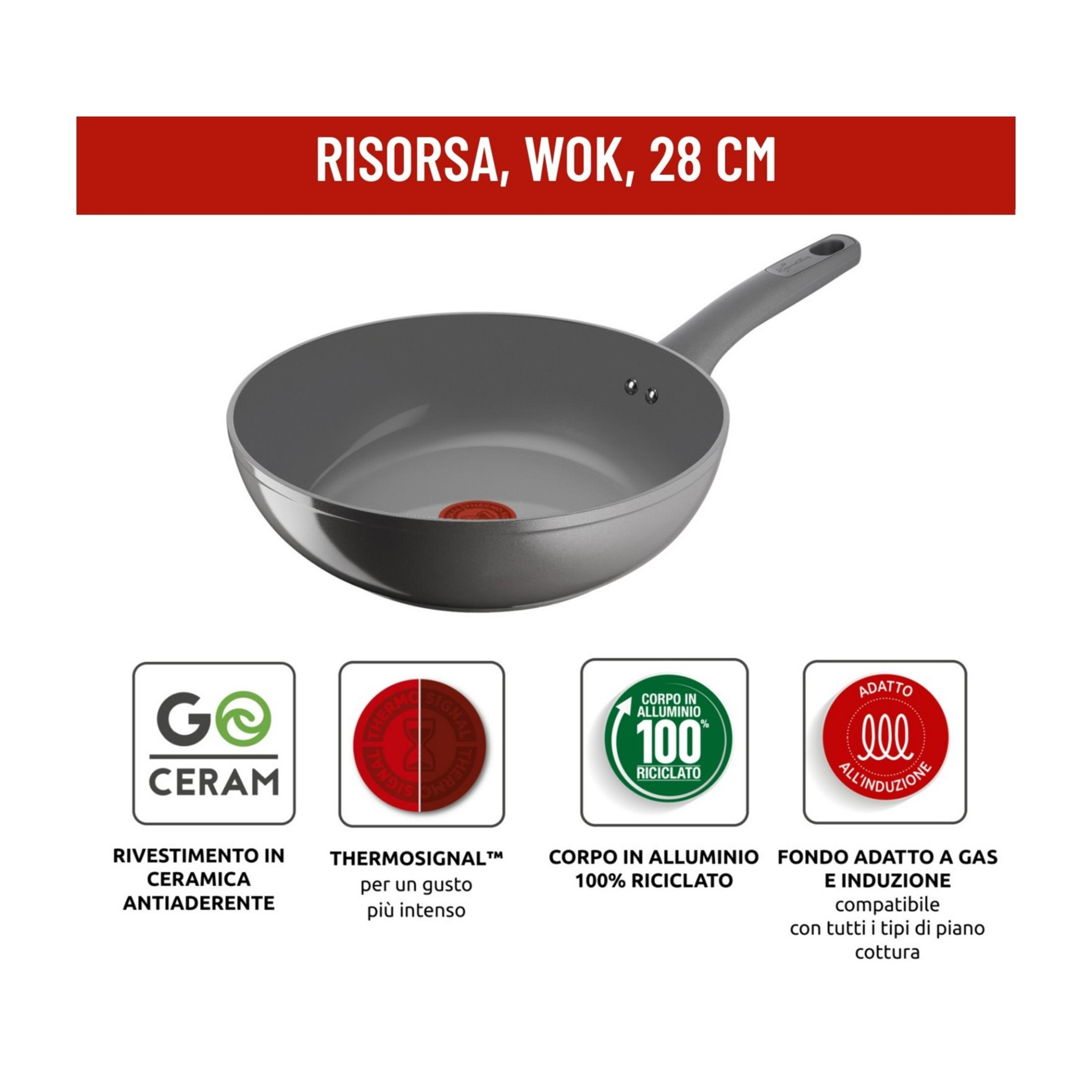 Wok gris de 28 cm con revestimiento cerámico, Thermosignal, cuerpo de aluminio reciclado.