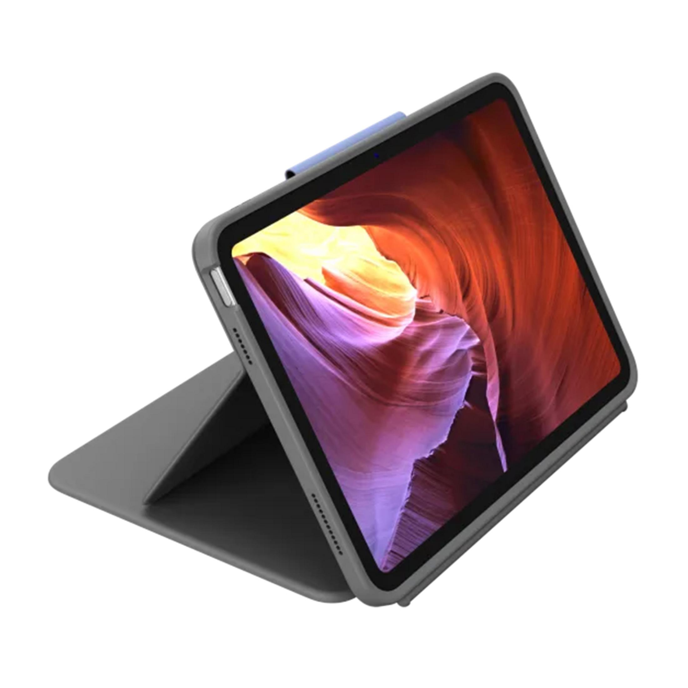 Tablet grigio con sfondo colorato, visualizzato in orizzontale su sfondo bianco.