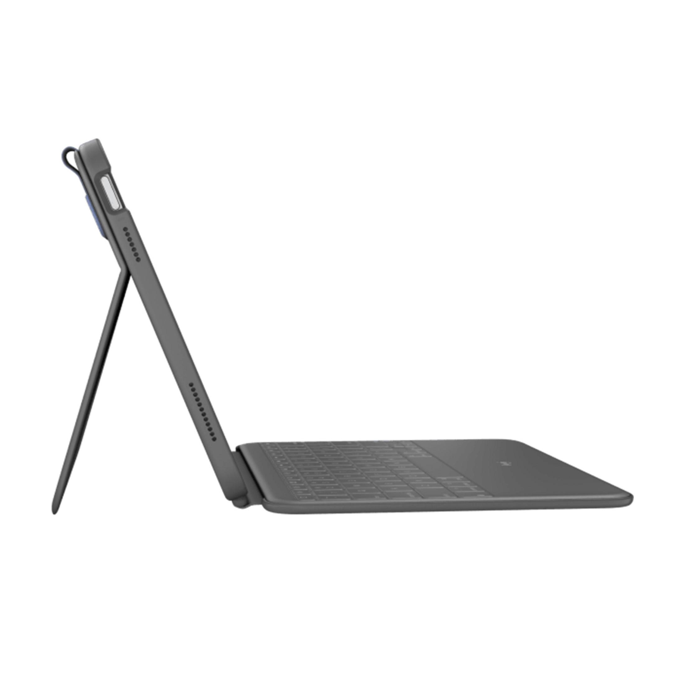 Un tablet grigio con tastiera e supporto, vista laterale.