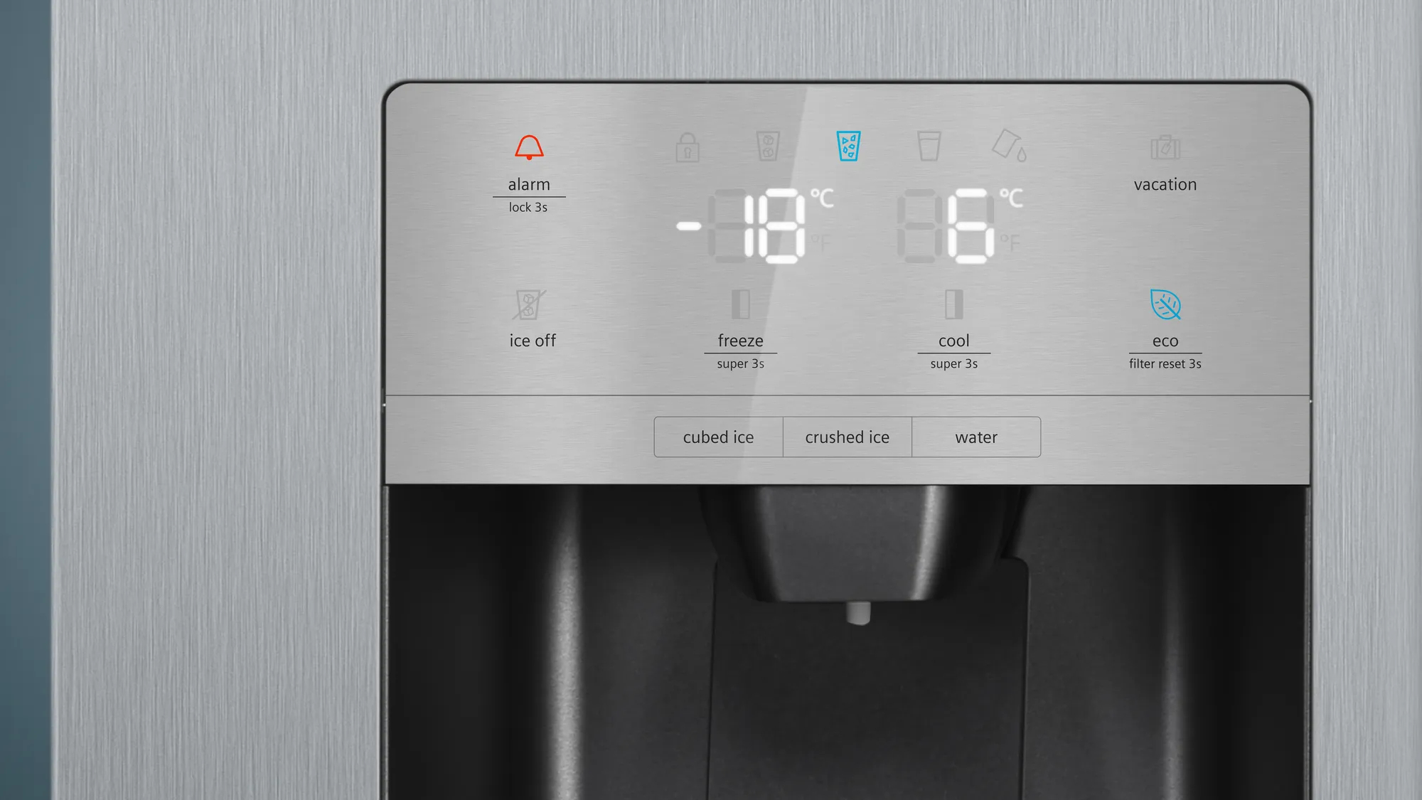 Kühlschrankdisplay zeigt -18°C und 6°C, mit Optionen für Alarm, Eis, Einfrieren, Kühlen, Urlaub und Eco.