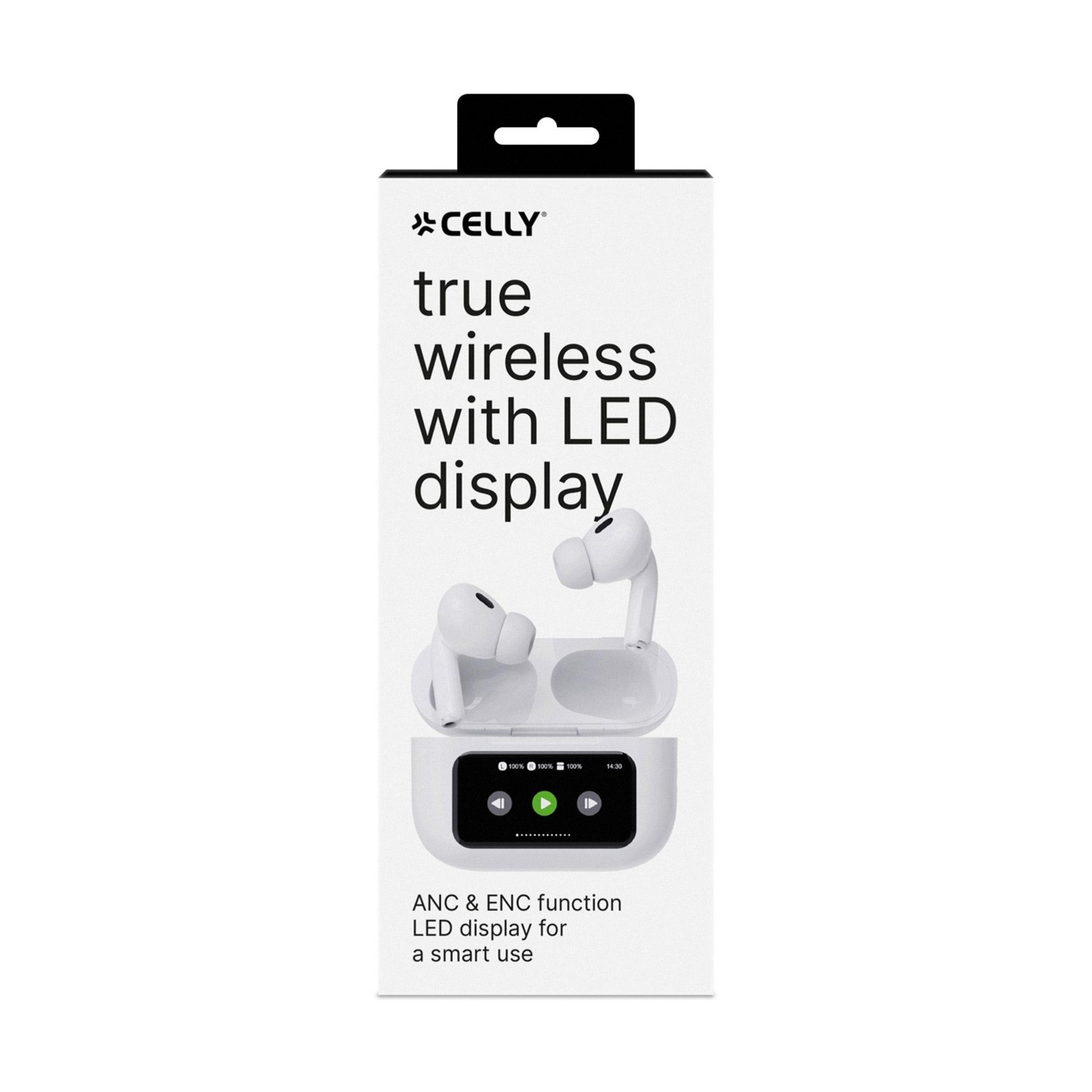 Verpackung für Celly True Wireless Kopfhörer mit LED-Anzeige und Ladecase.