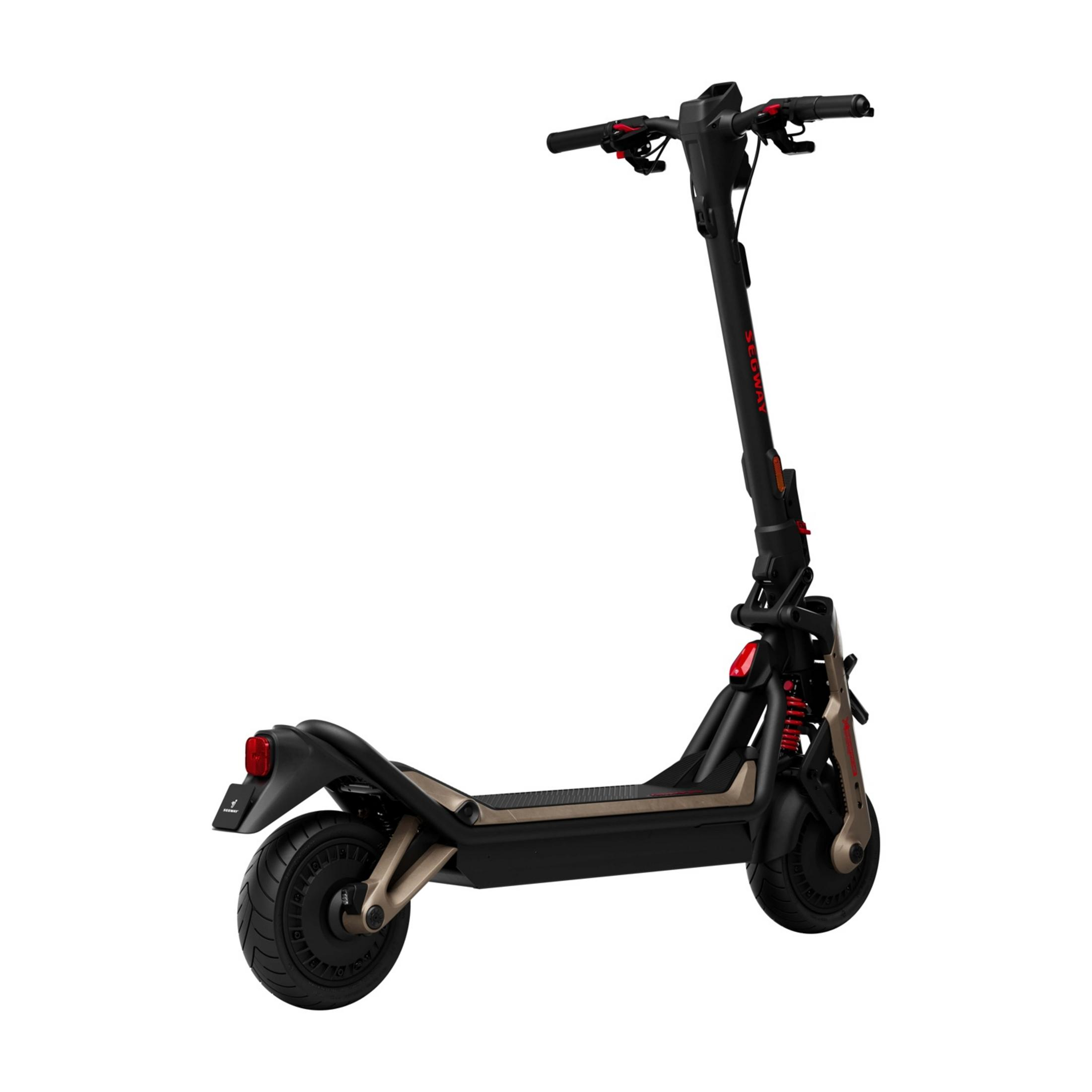 Czarna hulajnoga elektryczna z czerwonymi akcentami i złotym zawieszeniem.