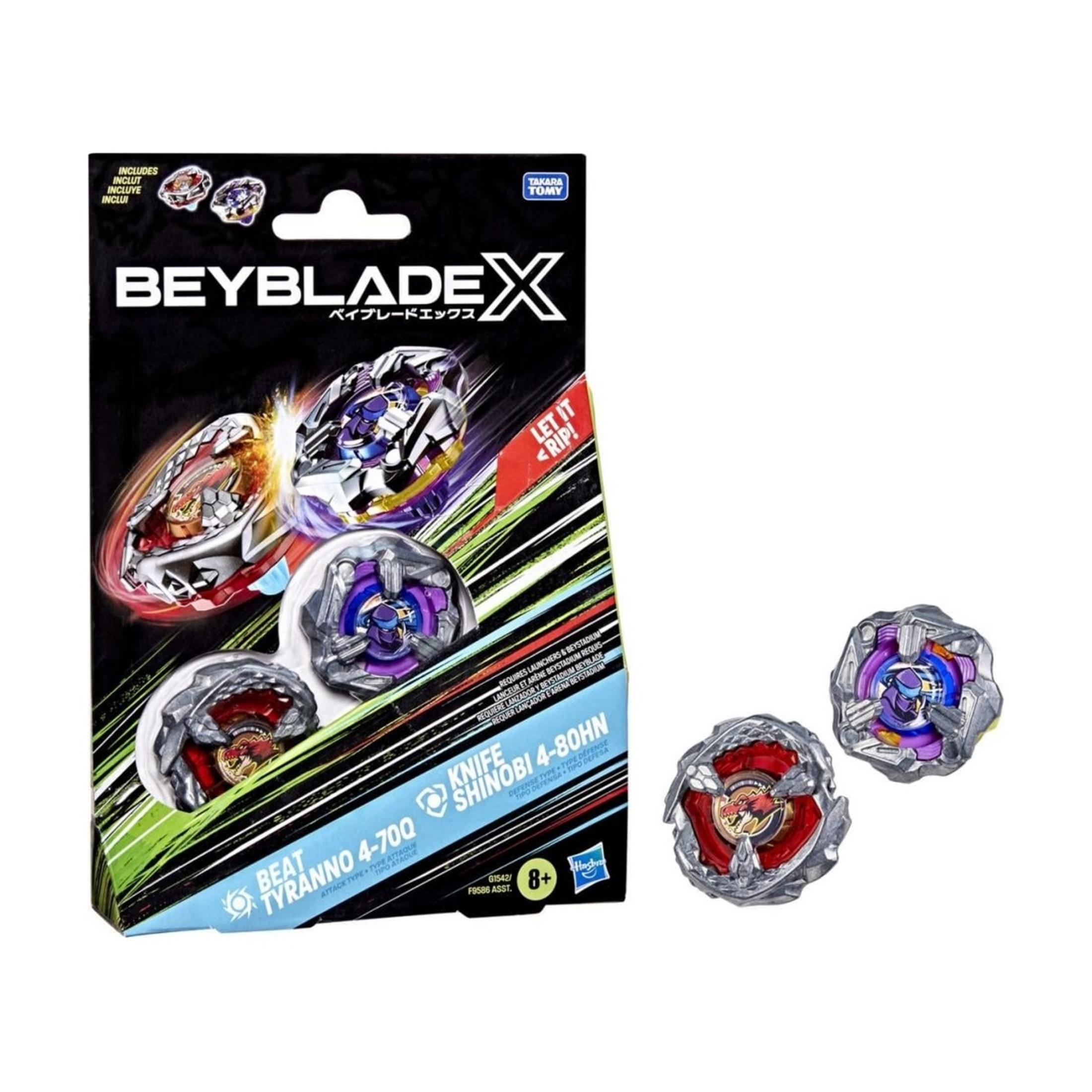 Beyblades in confezione e due Beyblades individuali accanto.