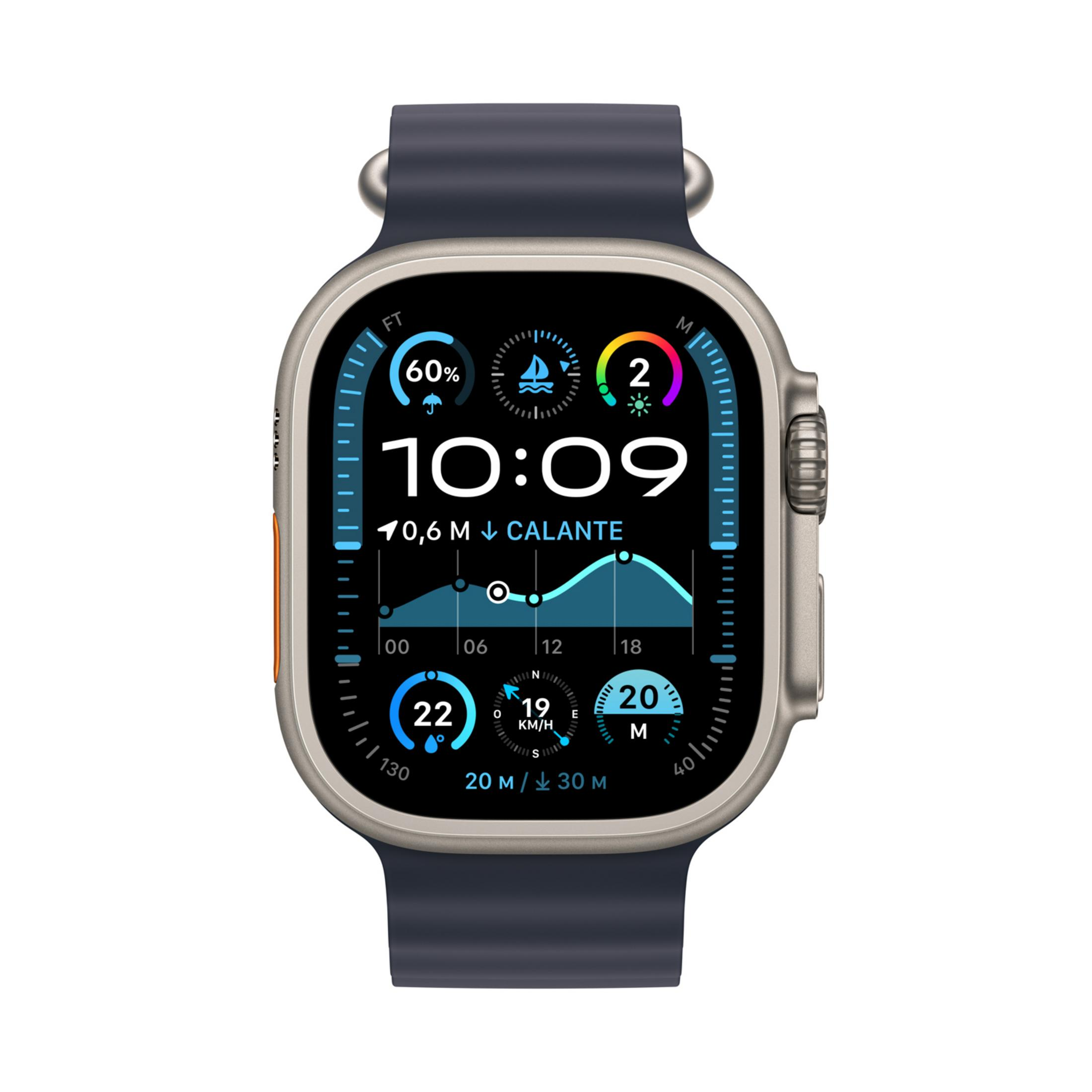 Un reloj inteligente muestra las 10:09, 60% de batería, 22 grados y 19 km/h.