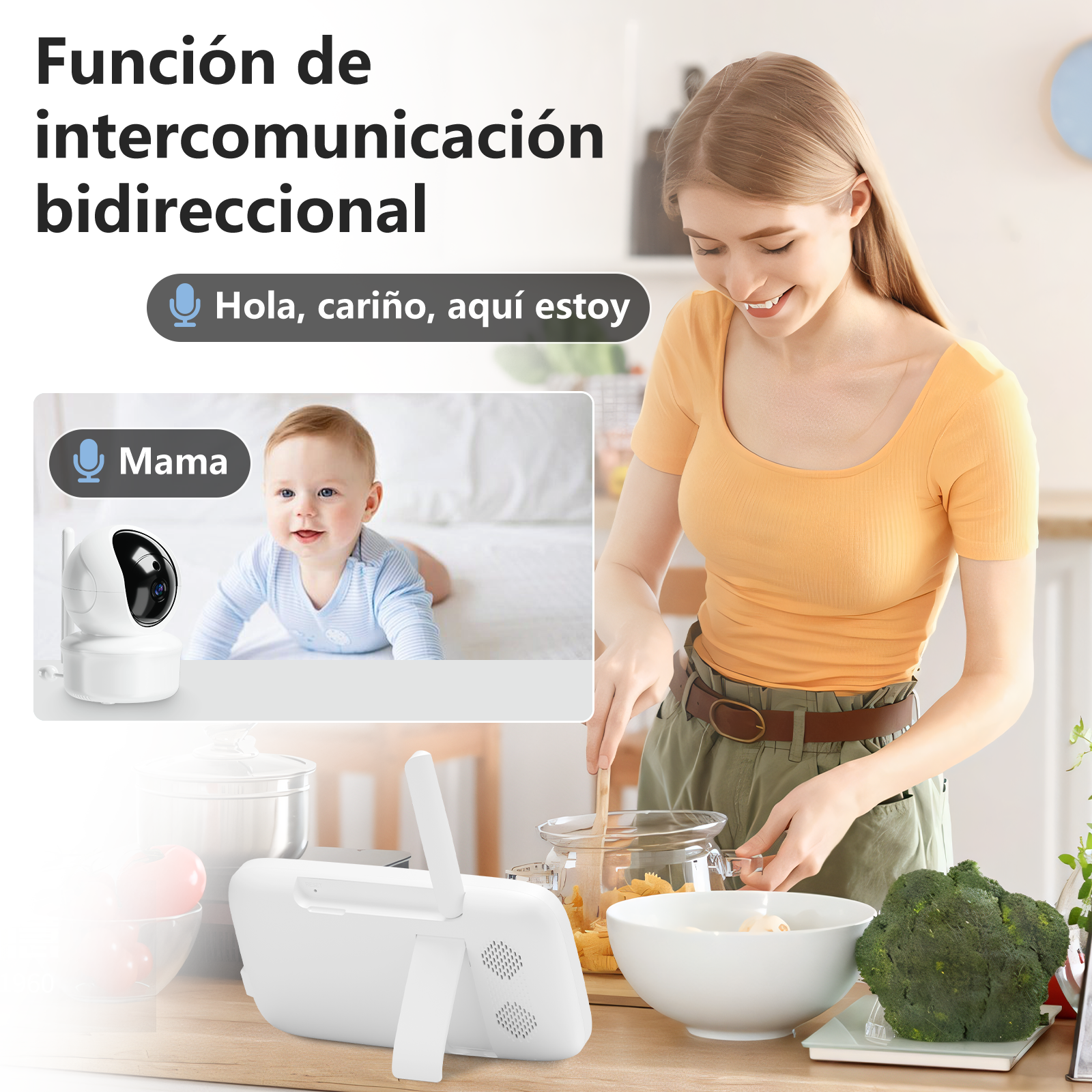 Una mujer cocina mientras vigila a un bebé en una pantalla.