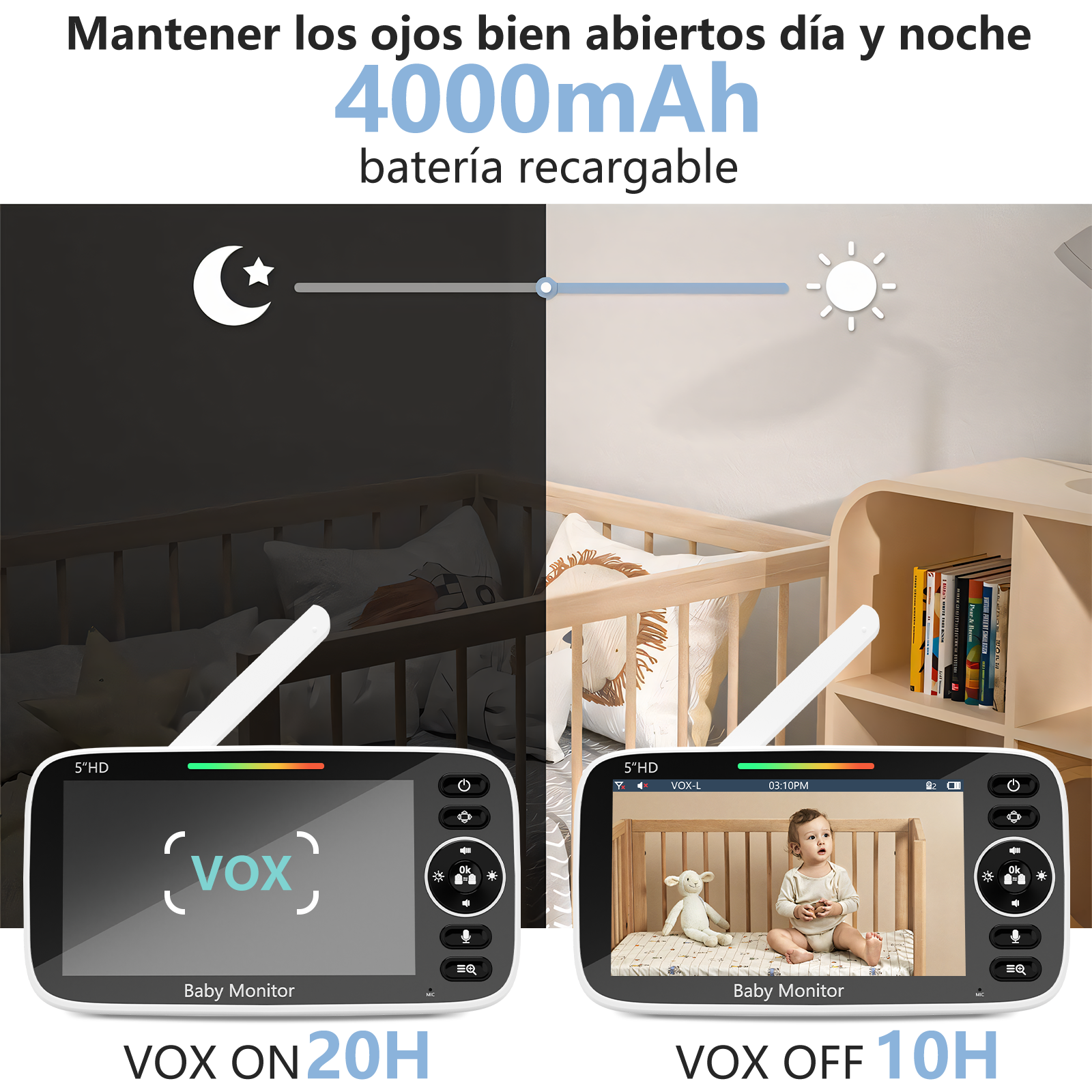 Vigilabebés con batería 4000mAh: Vista día/noche, VOX ON 20H, VOX OFF 10H.