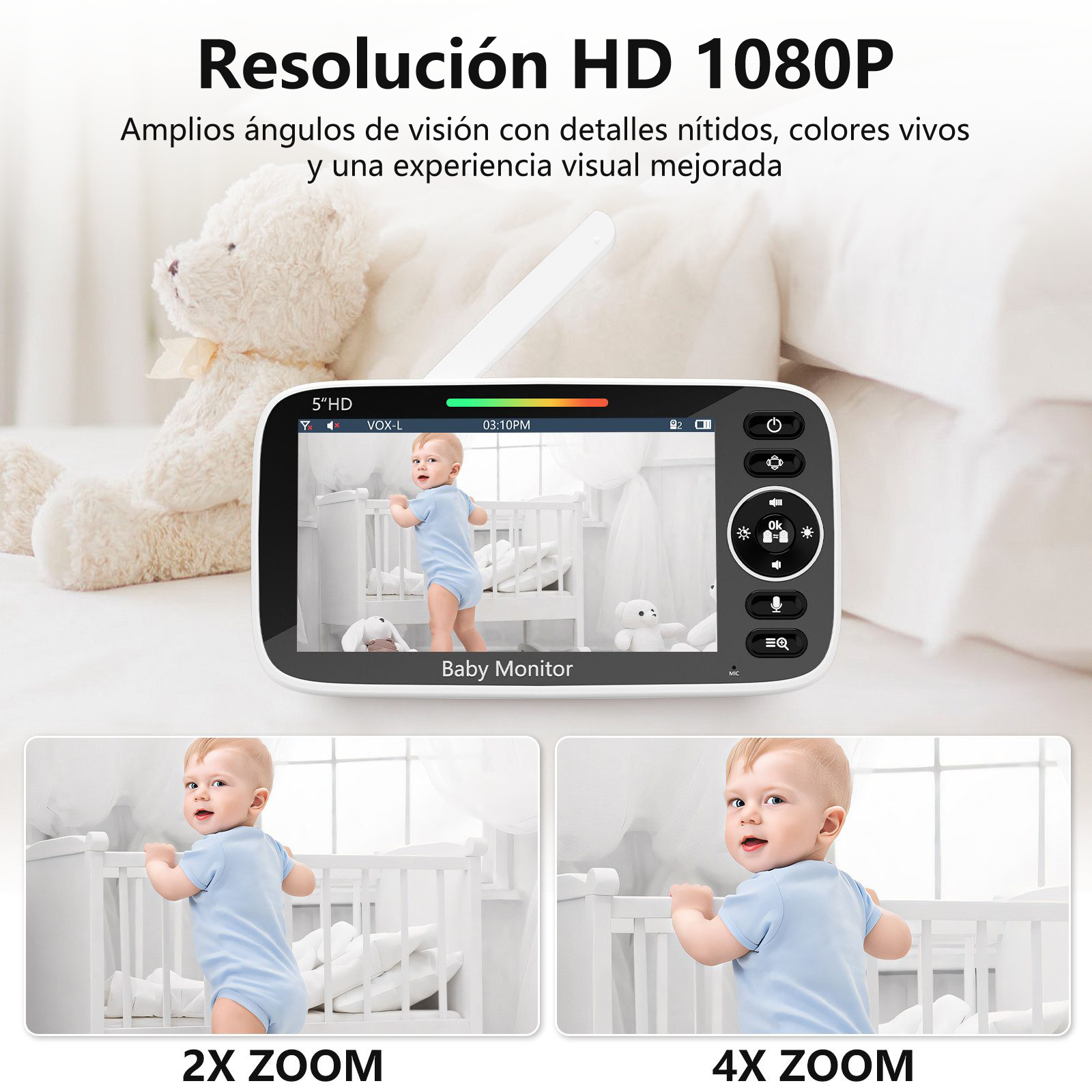 Monitor de bebé con pantalla HD de 5 pulgadas, muestra bebé en cuna, zoom 2x y 4x.