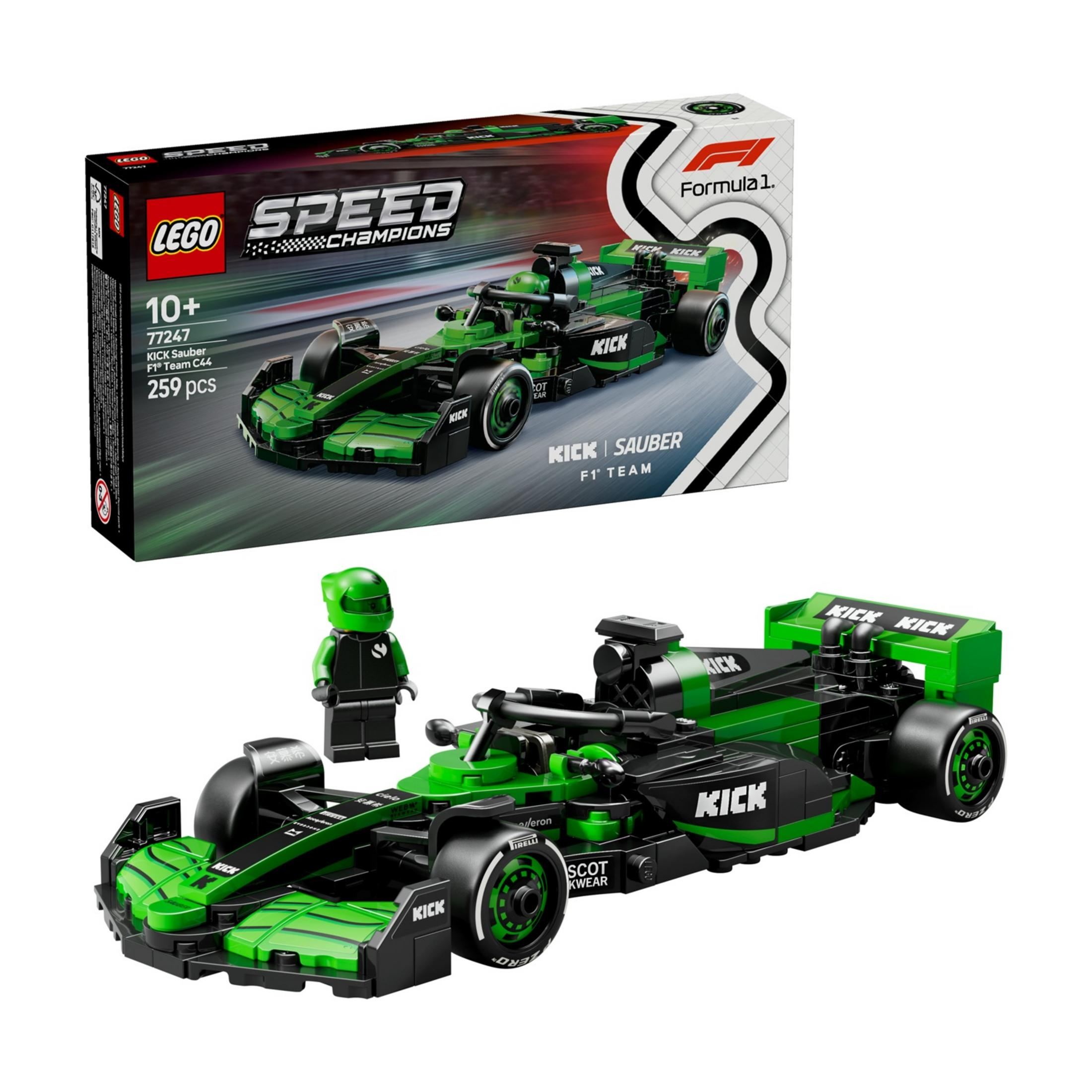 Yeşil ve siyah Lego Formula 1 yarış arabası sürücü figürüyle.