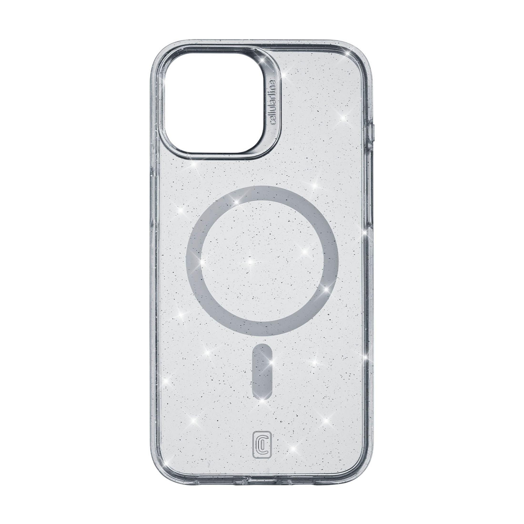 Custodia trasparente per telefono con particelle glitter e anello magnetico.