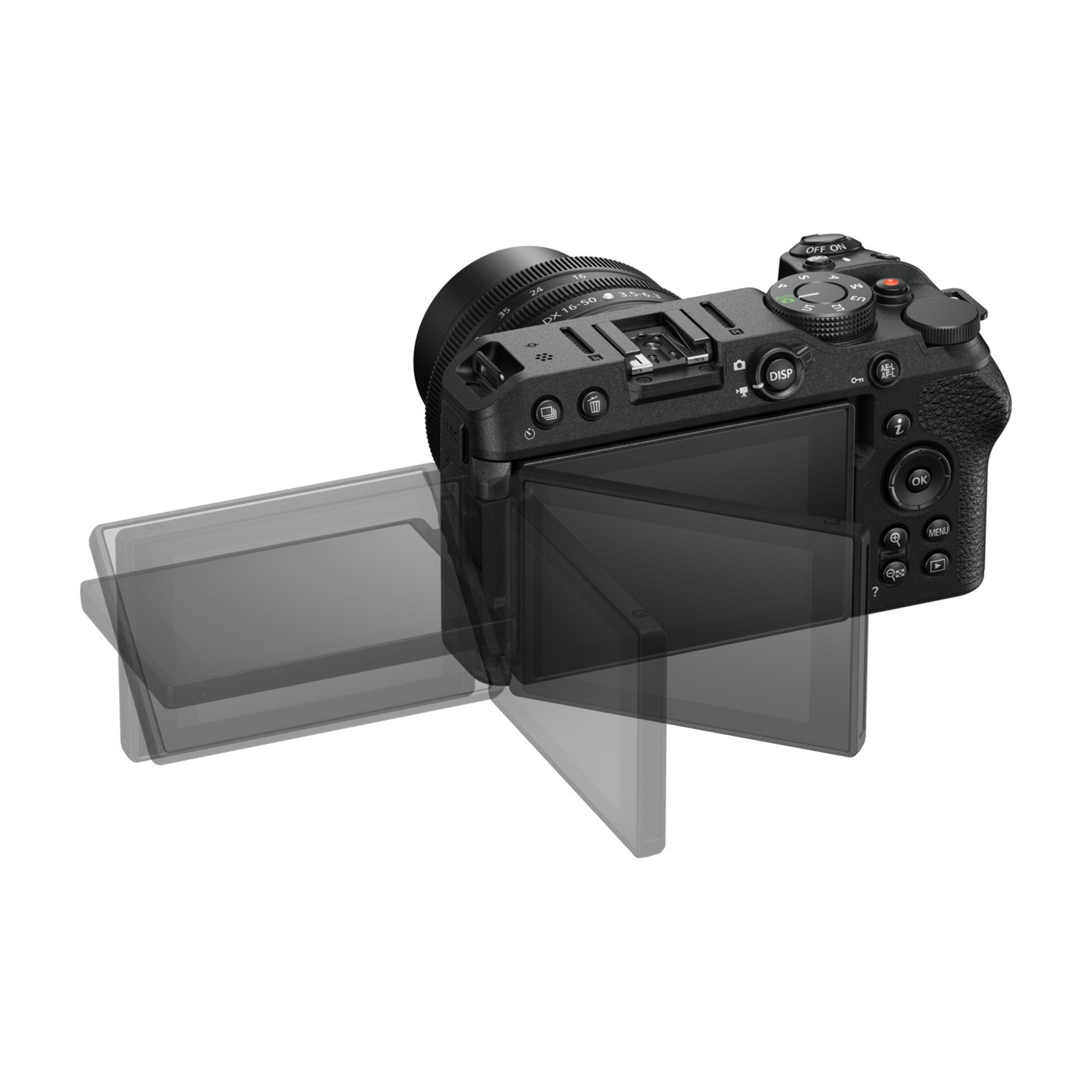 Fotocamera digitale nera con schermo estraibile, ghiera di messa a fuoco e pulsanti.