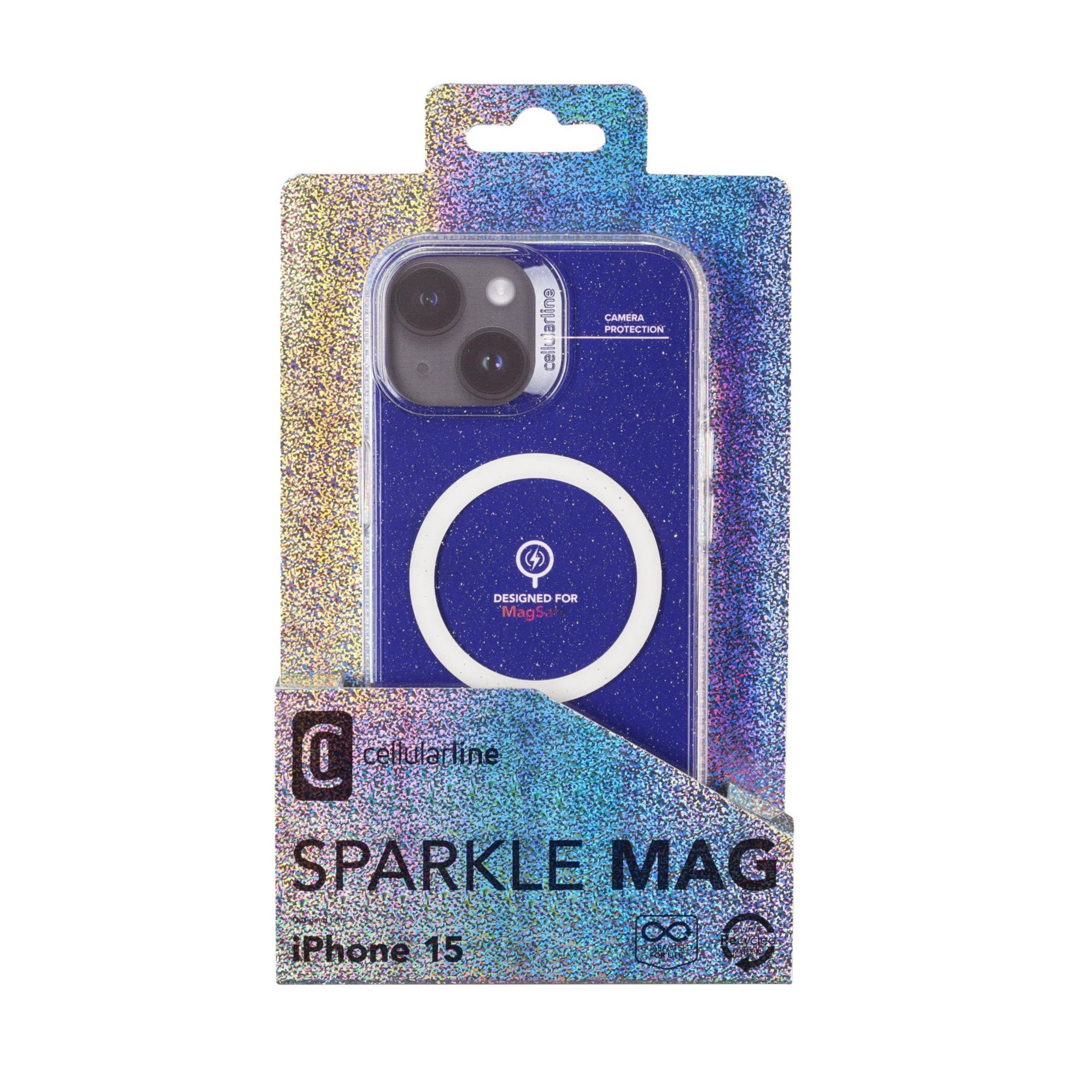 Confezione per cover blu iPhone 15 con glitter e anello MagSafe.