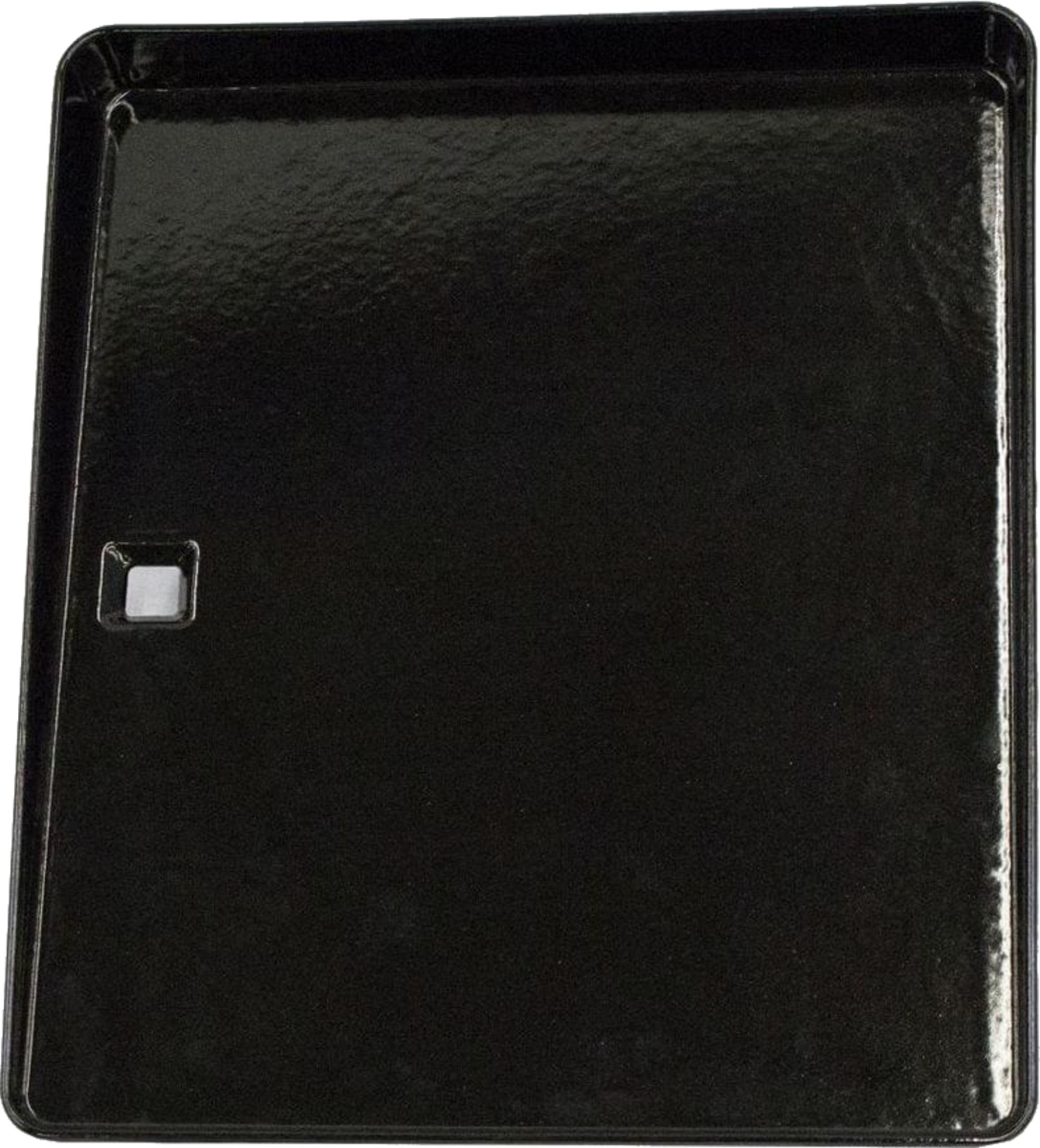 Eine schwarze quadratische Backform mit erhöhten Rändern und einer kleinen quadratischen Aussparung links.