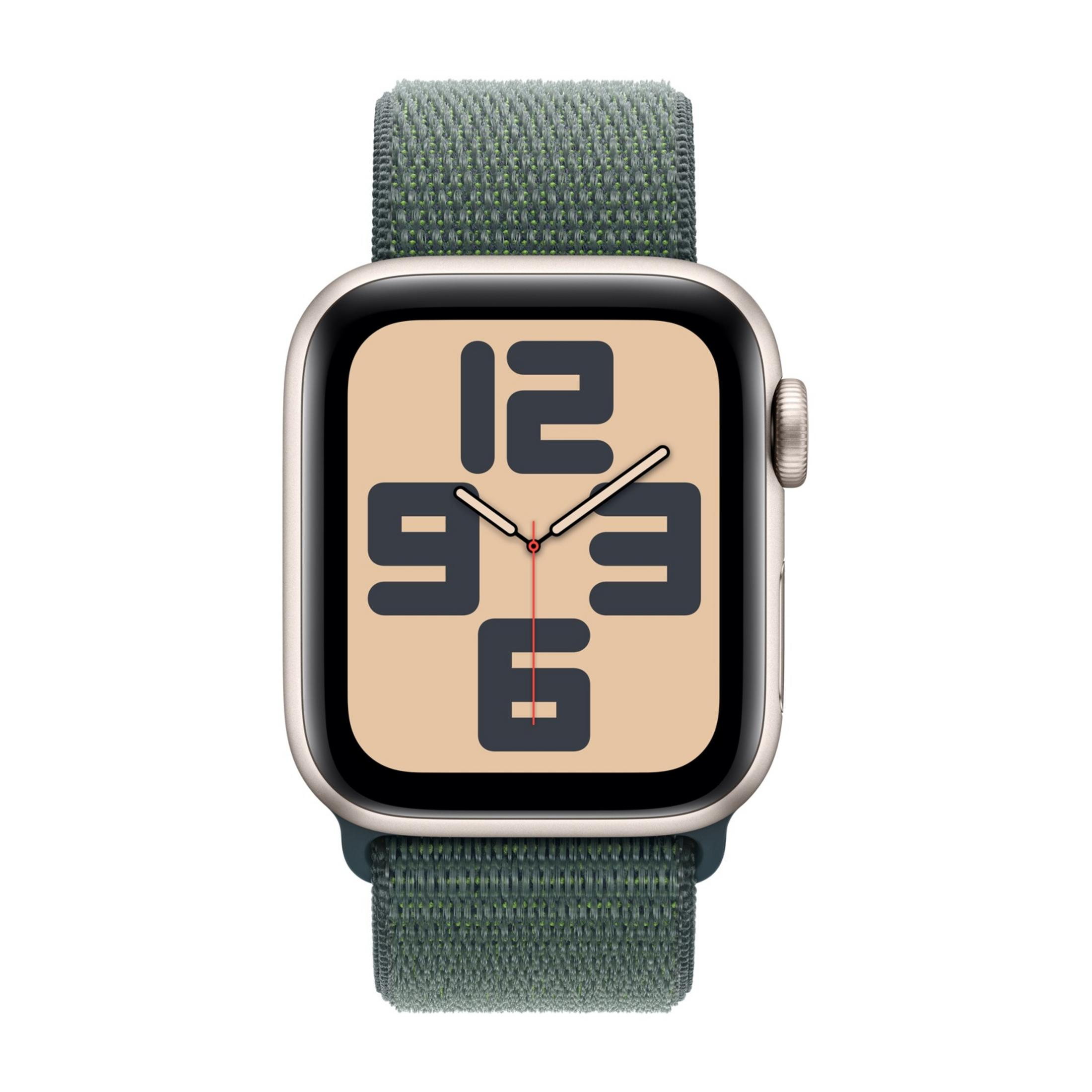 Złoty smartwatch z zielonym materiałowym paskiem i tarczą z dużymi cyframi.