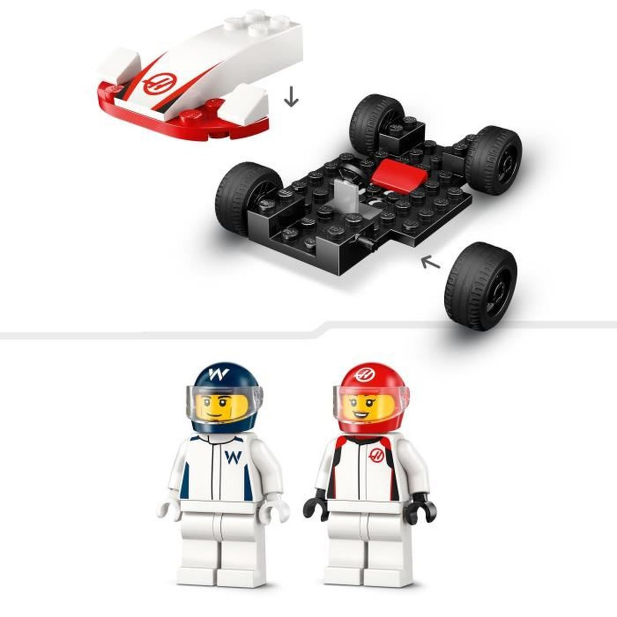 Piezas de coche de carreras Lego y dos figuras de pilotos con cascos.