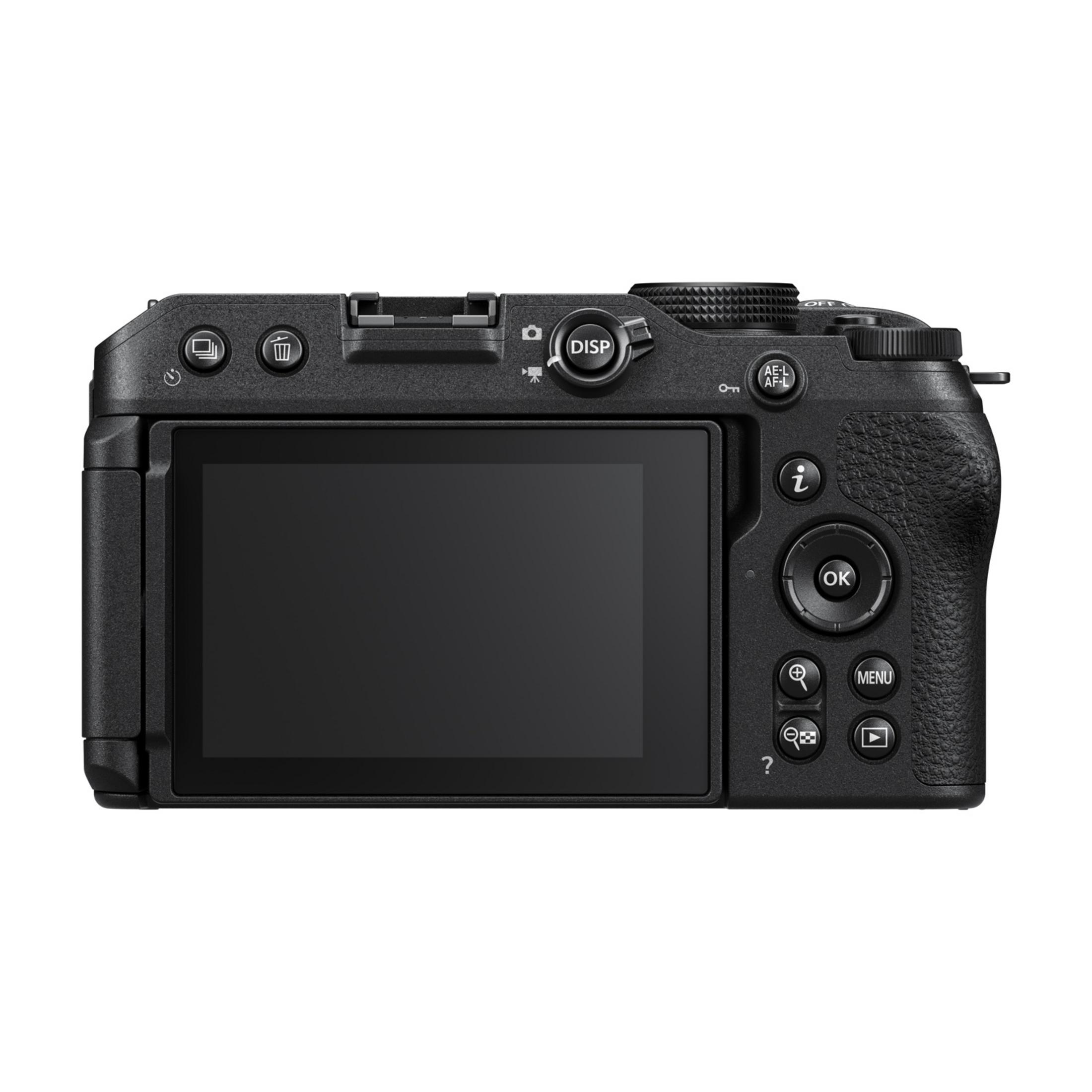 Vista posteriore di una fotocamera digitale nera con schermo LCD e pulsanti di controllo.