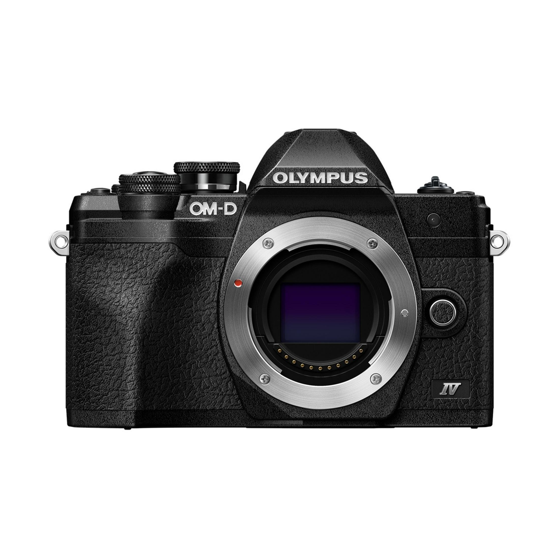 Zwarte Olympus OM-D camera met lensvatting en zilveren ring.
