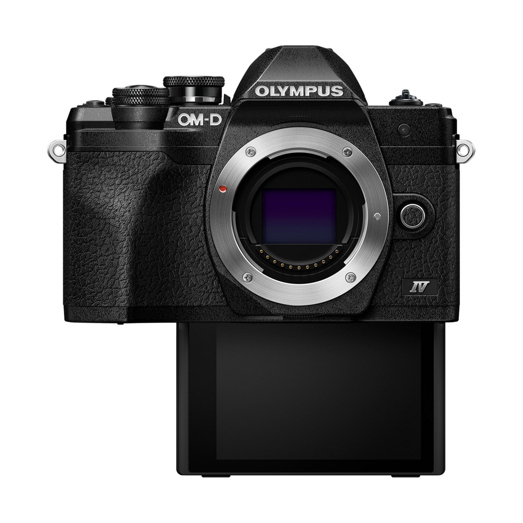 Een zwarte Olympus OM-D digitale camera met uitklapscherm.