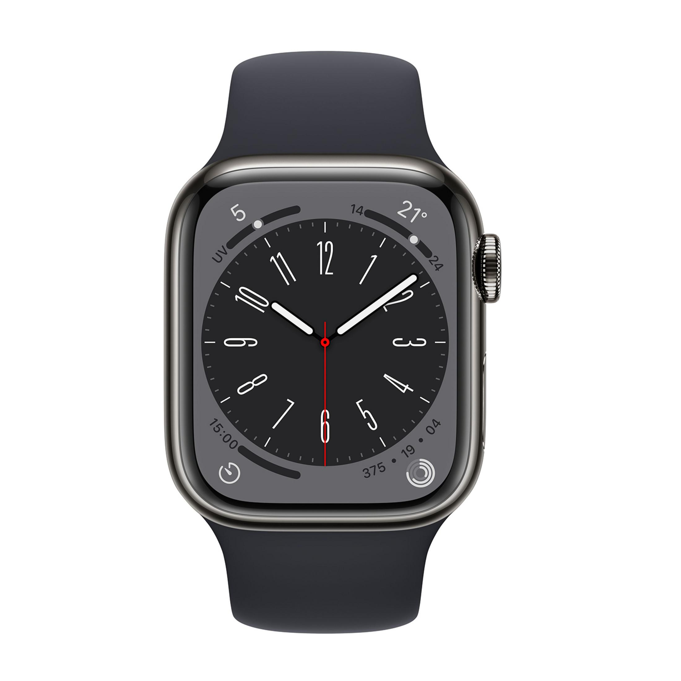 Uno smartwatch scuro con cassa argentata e cinturino nero.