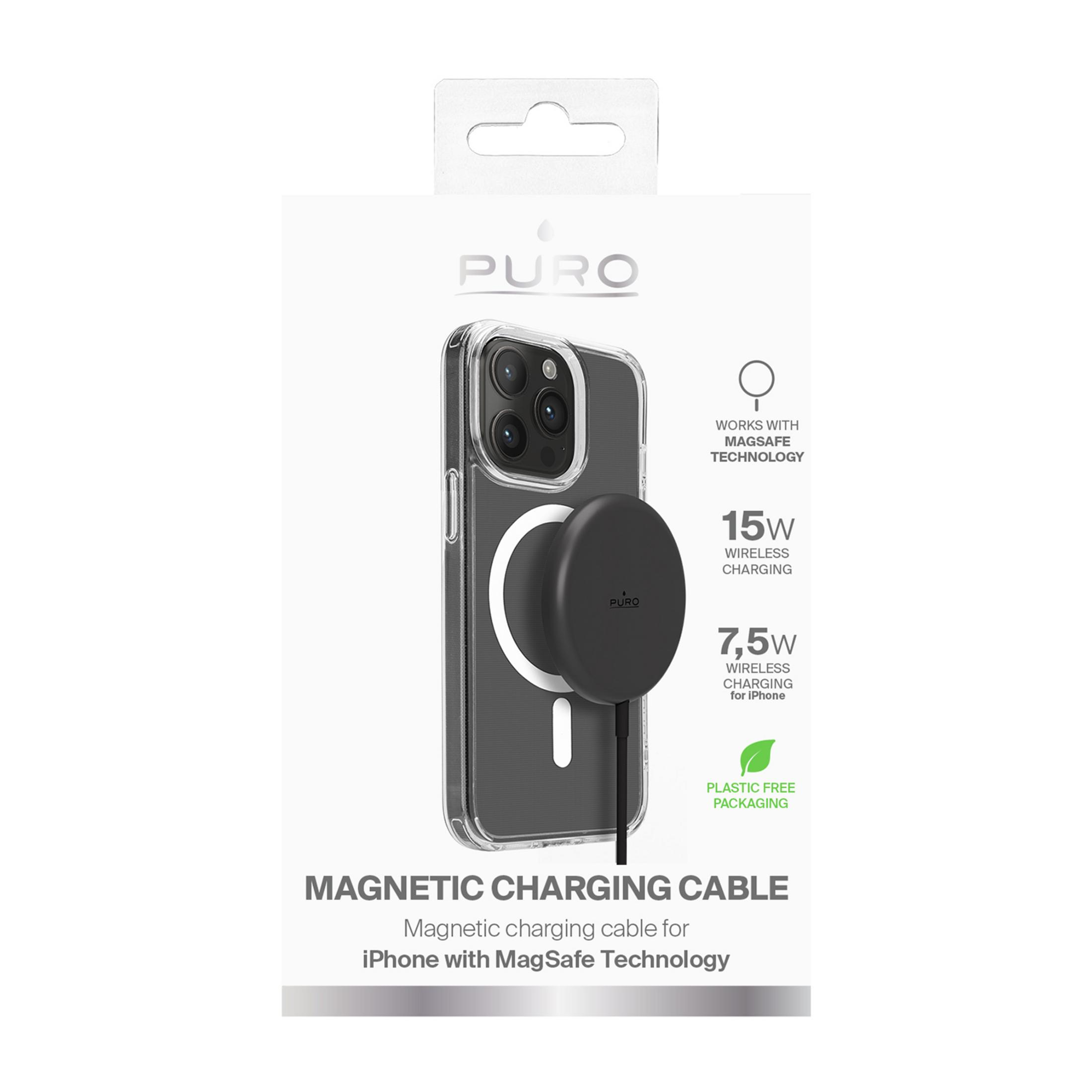 Emballage avec câble de chargement MagSafe et étui iPhone.