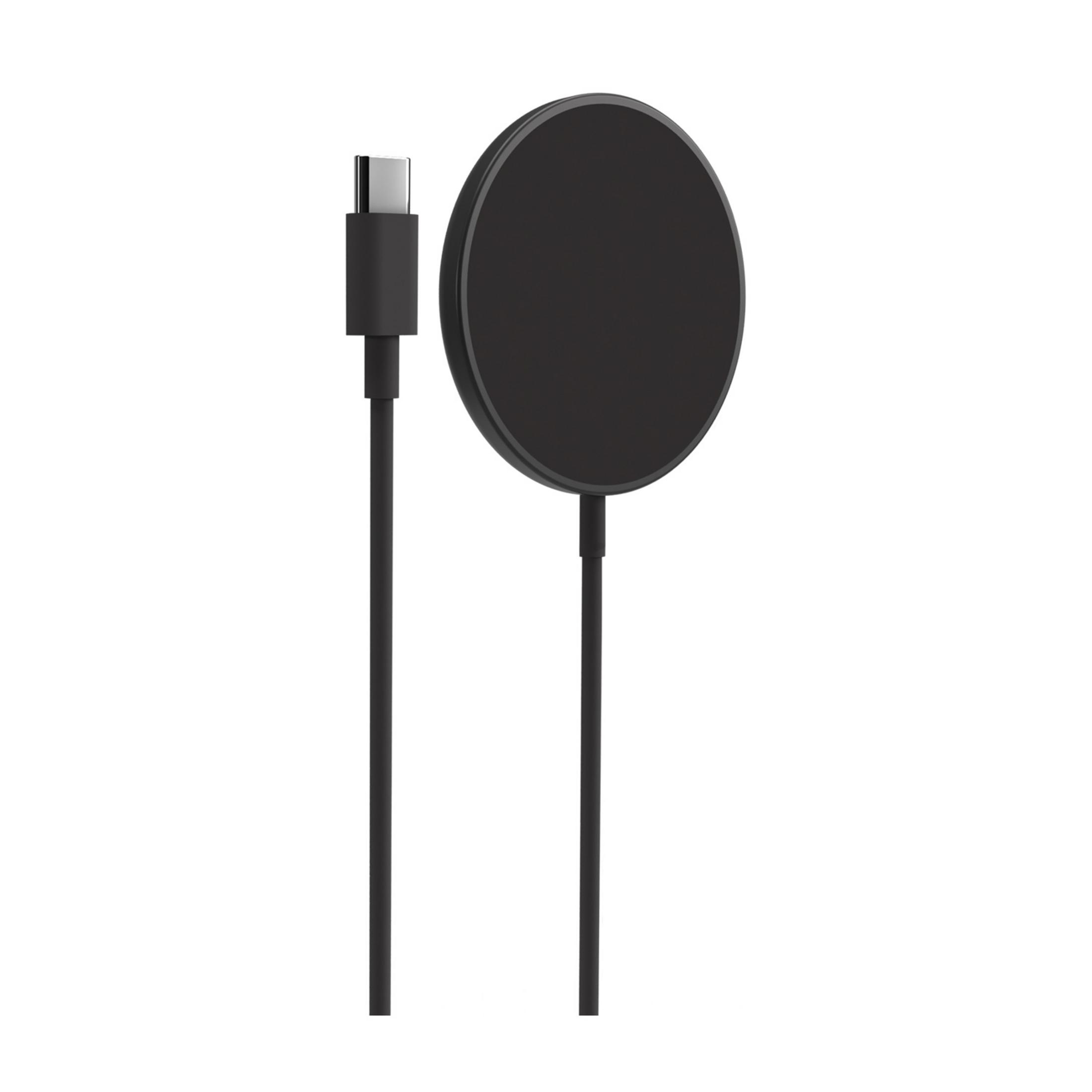 Câble de chargement noir avec connecteur USB-C et adaptateur de chargement magnétique rond.