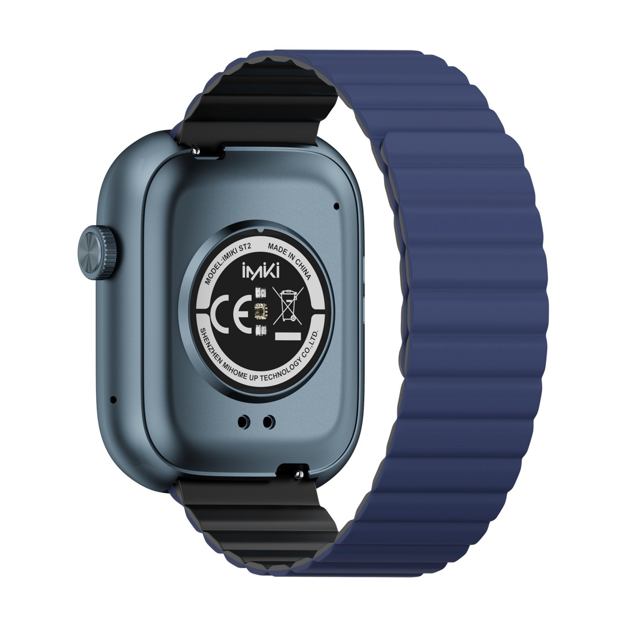 Rückseite einer blauen Smartwatch mit Riemen und CE-Kennzeichnung.