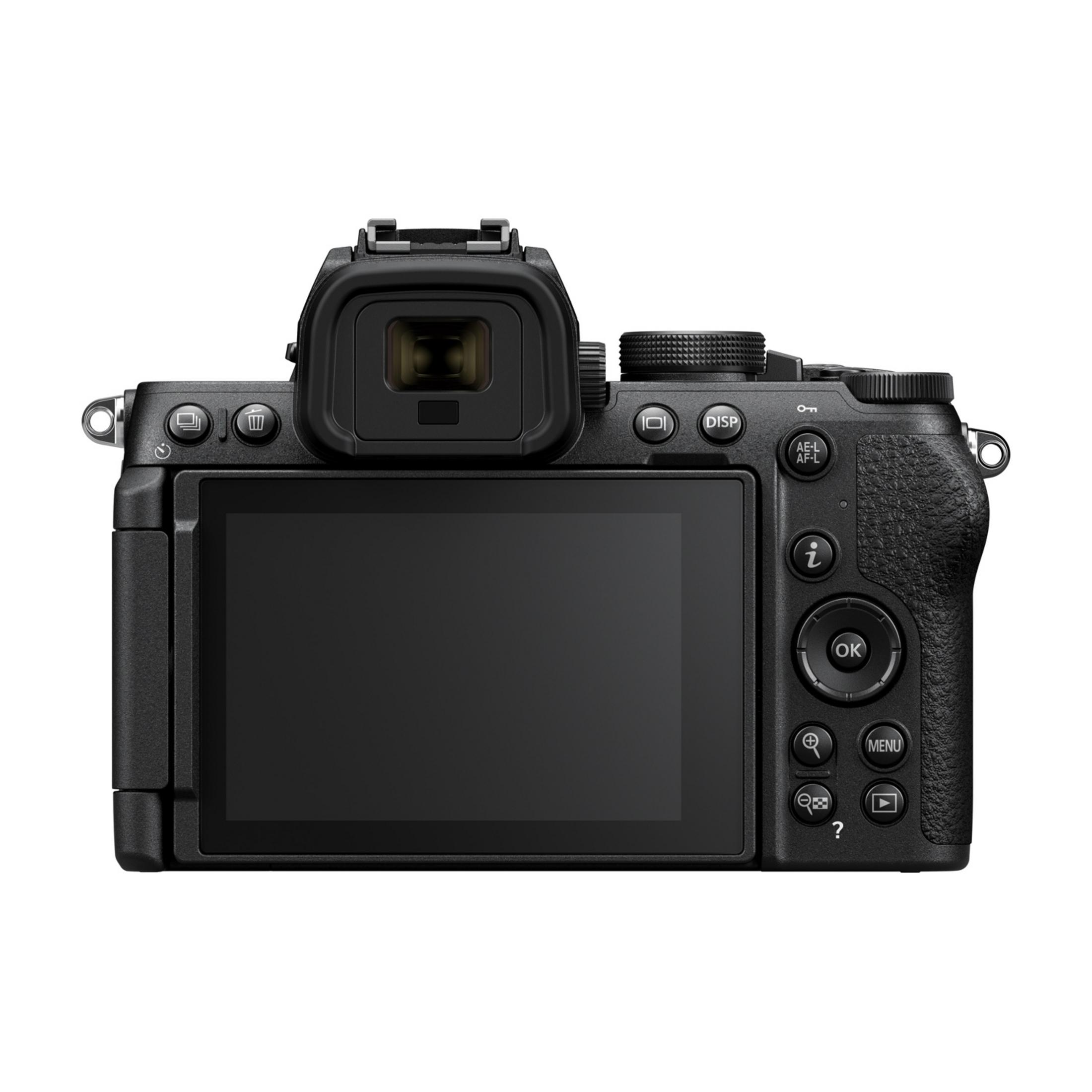 Vista posteriore di una fotocamera digitale nera con ampio schermo LCD e vari pulsanti.