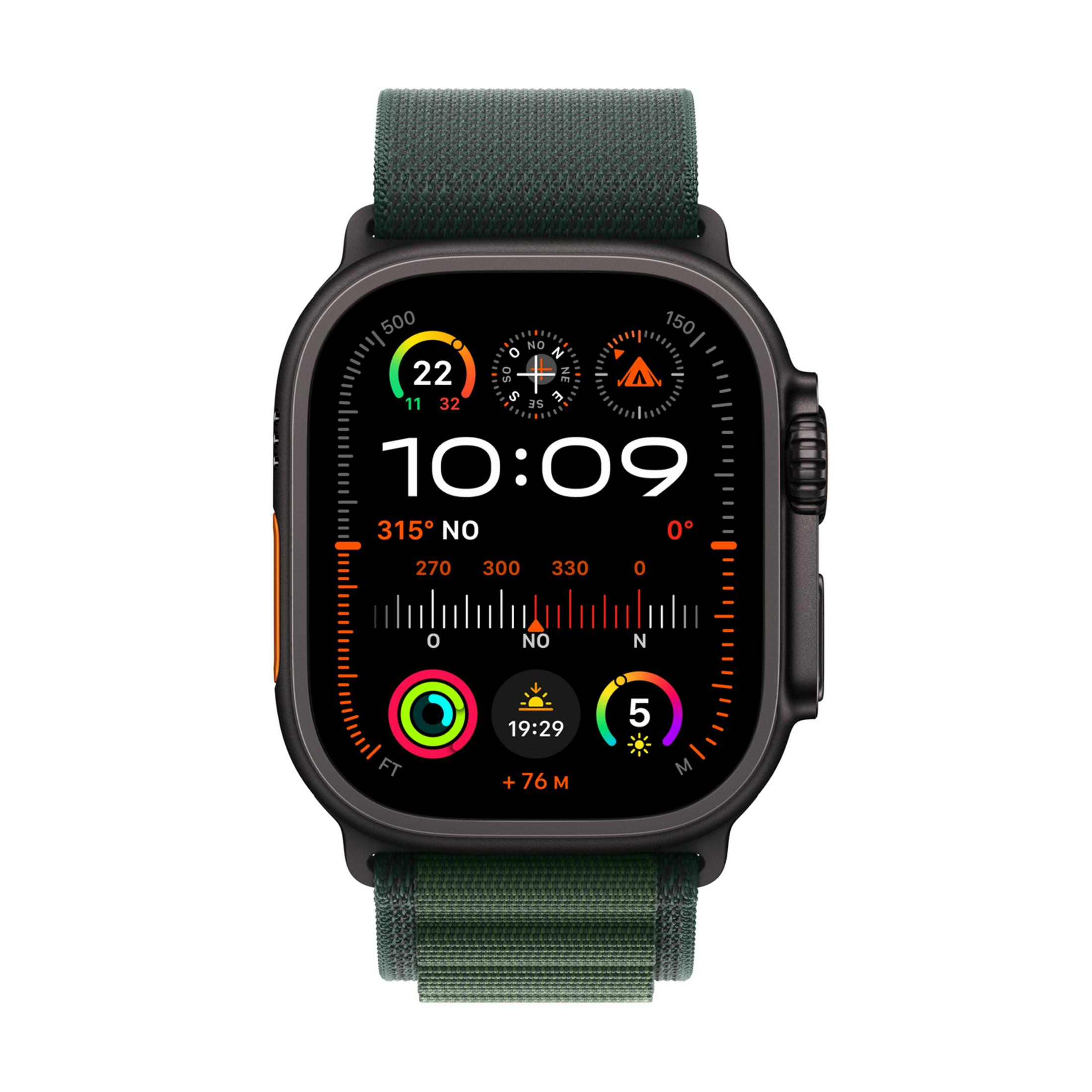 Uno smartwatch nero con cinturino verde mostra le 10:09 e un'interfaccia bussola.