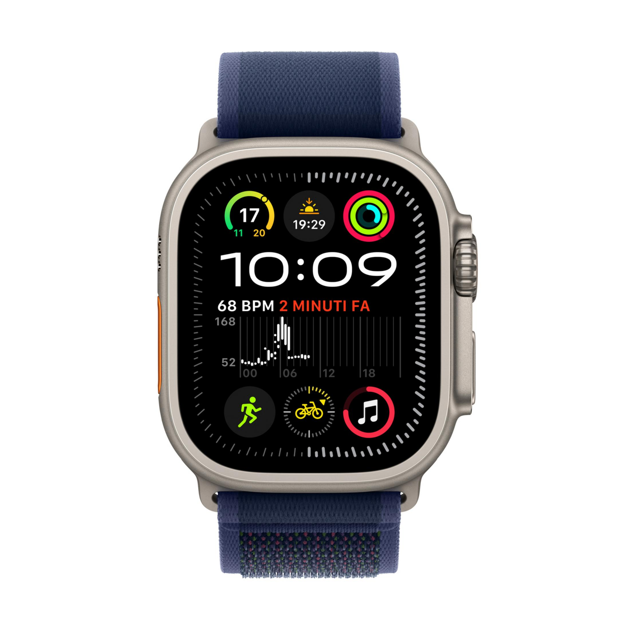 Orologio smart grigio con cinturino in tessuto blu, mostra 10:09, battito cardiaco e attività.
