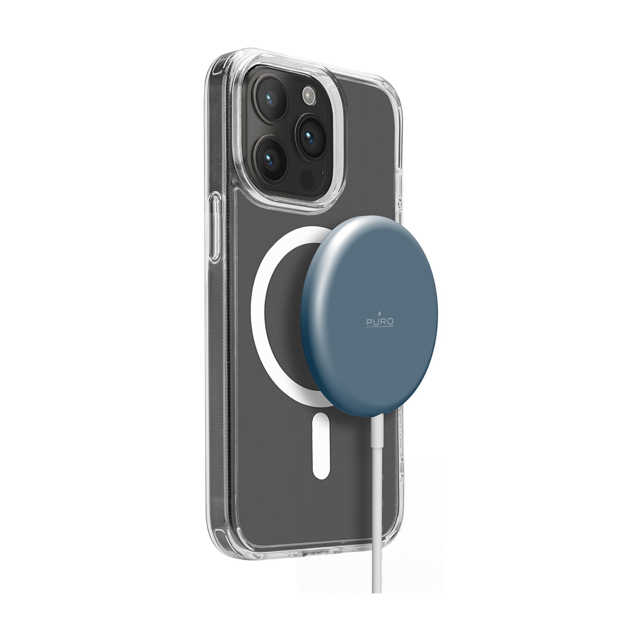 Custodia trasparente con caricatore magnetico per iPhone su sfondo bianco.