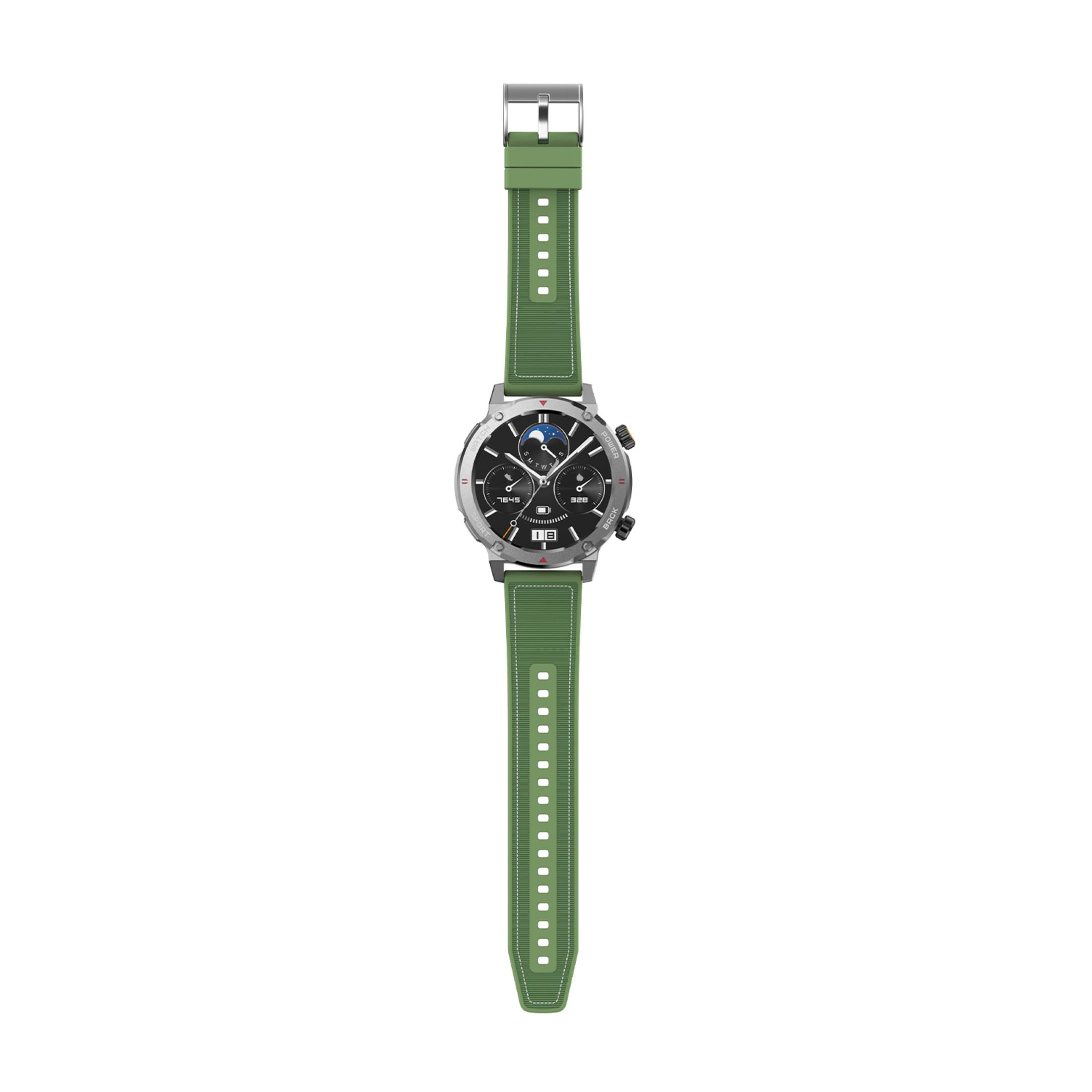 Uno smartwatch verde con cassa argentata e quadrante nero.