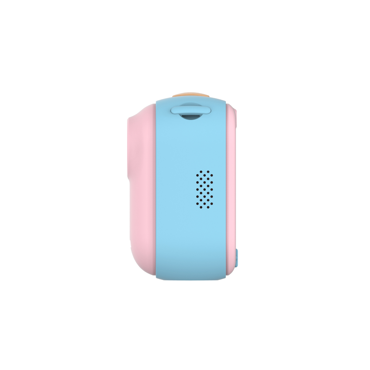 Ein pinkfarbenes und blaues Kinderkamera-Modell, von der Seite gezeigt.