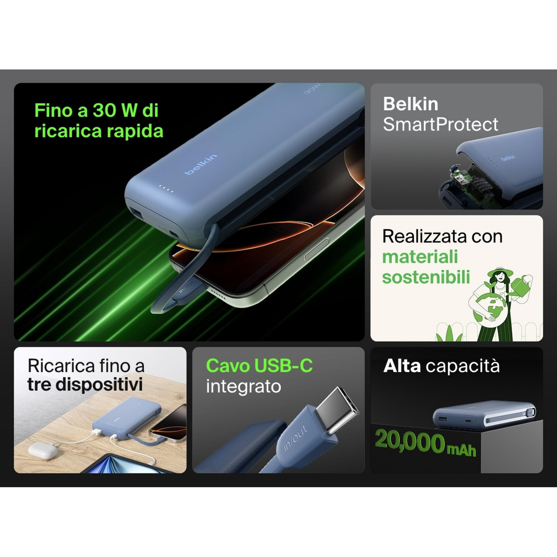 Batterie externe Belkin : charge rapide 30W, 20 000 mAh, charge 3 appareils, câble USB-C.