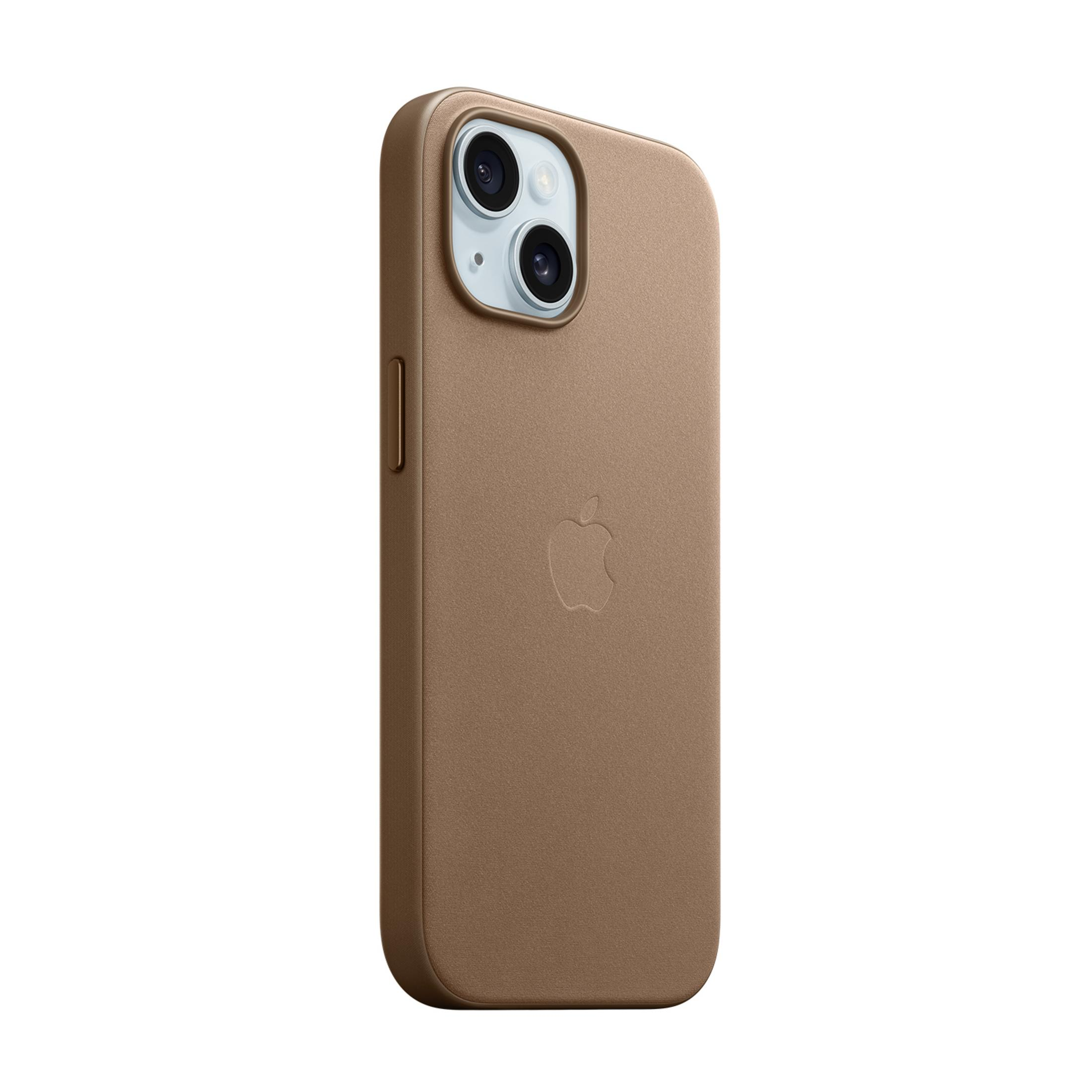 Brązowe etui na telefon z dwoma obiektywami i logo Apple.