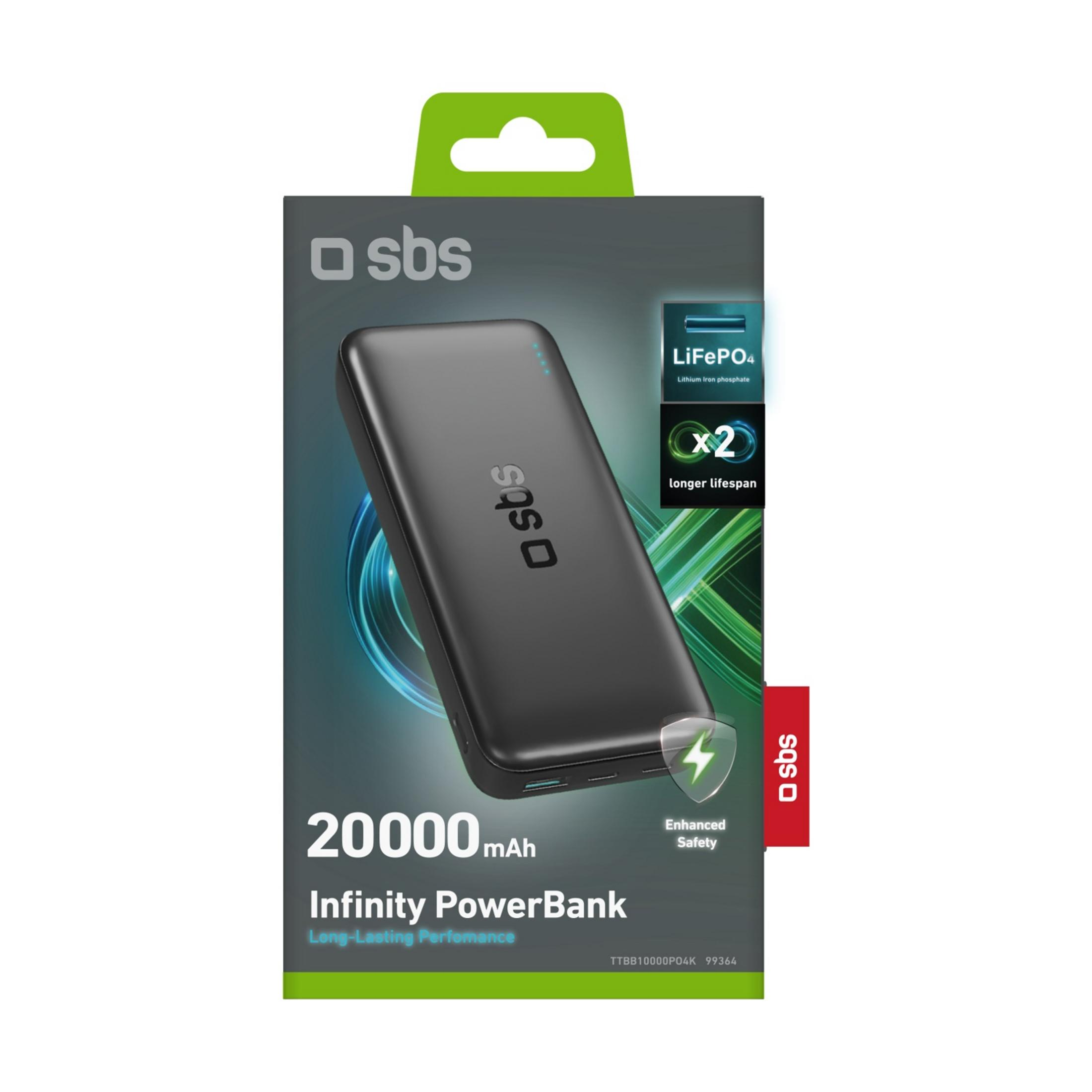 Powerbank SBS nera da 20000 mAh con tecnologia LiFePO4 e lunga durata.