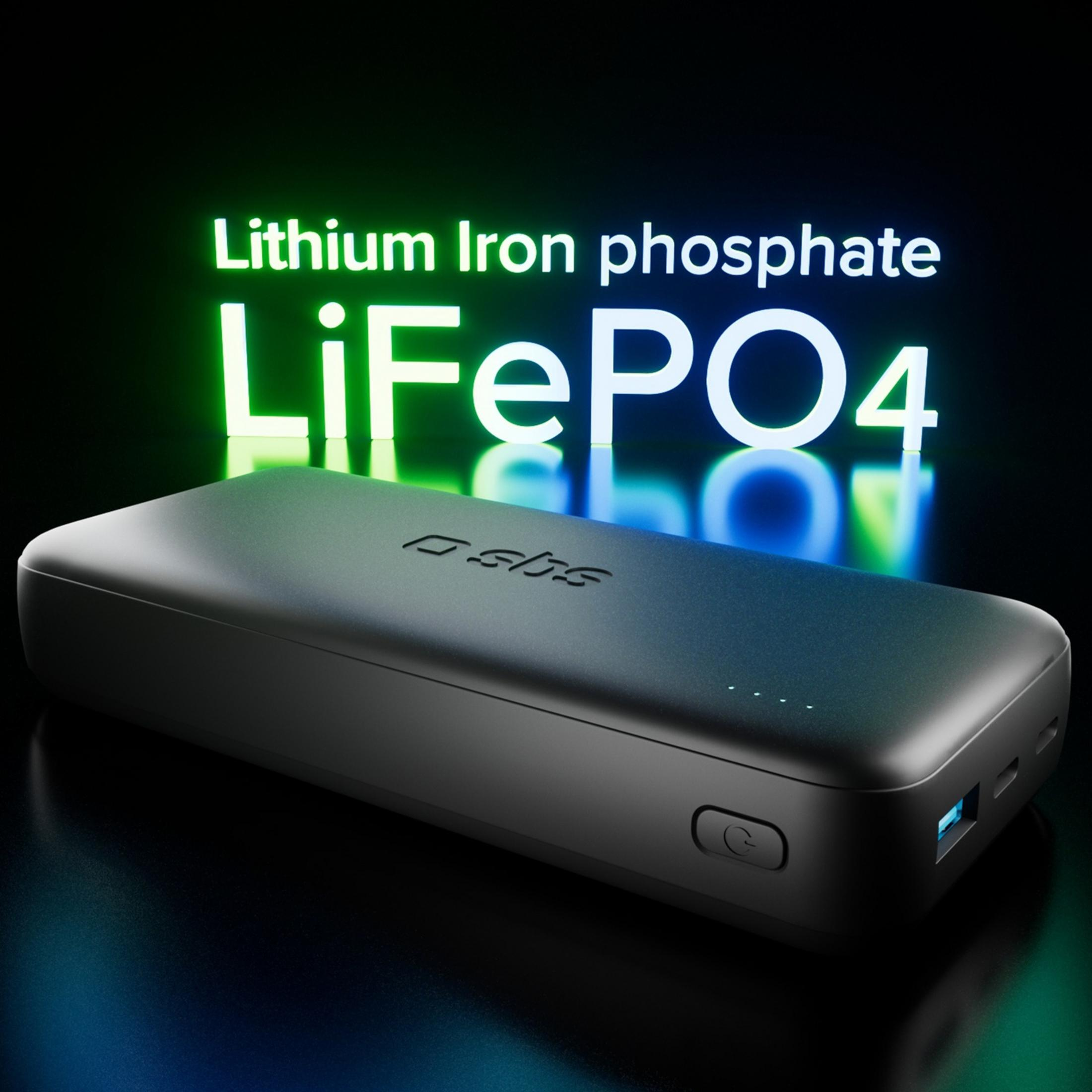 Power bank nera con testo LiFePO4 e luci al neon luminose sullo sfondo.