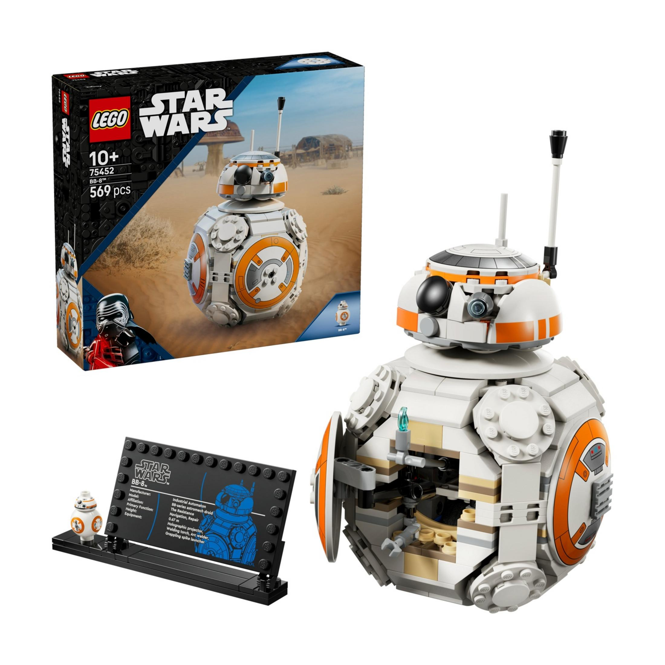 Zestaw LEGO Star Wars BB-8 z droidem, minifigurkami i kartą informacyjną.