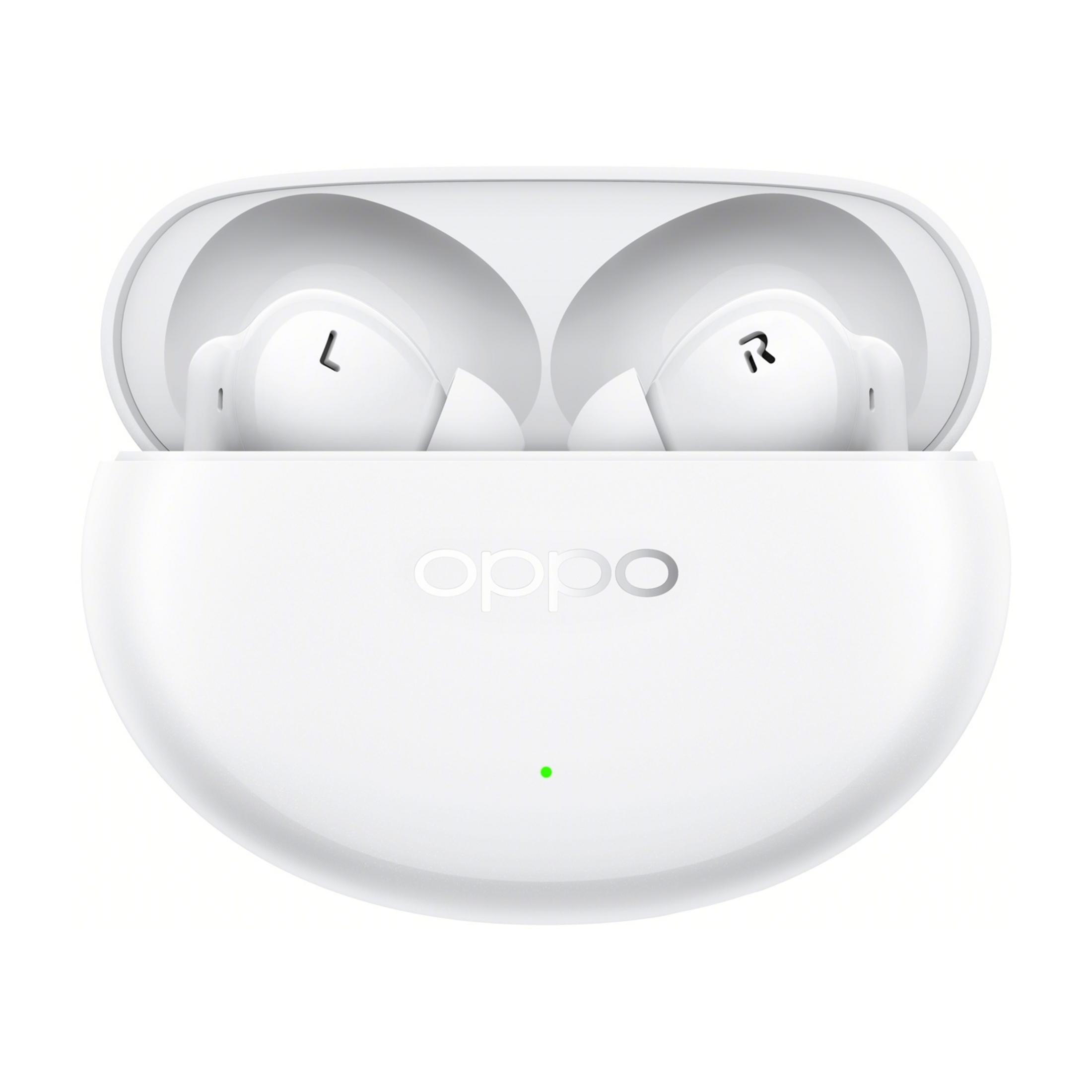 Witte OPPO oordopjes in een open oplaadcase met groen lampje.
