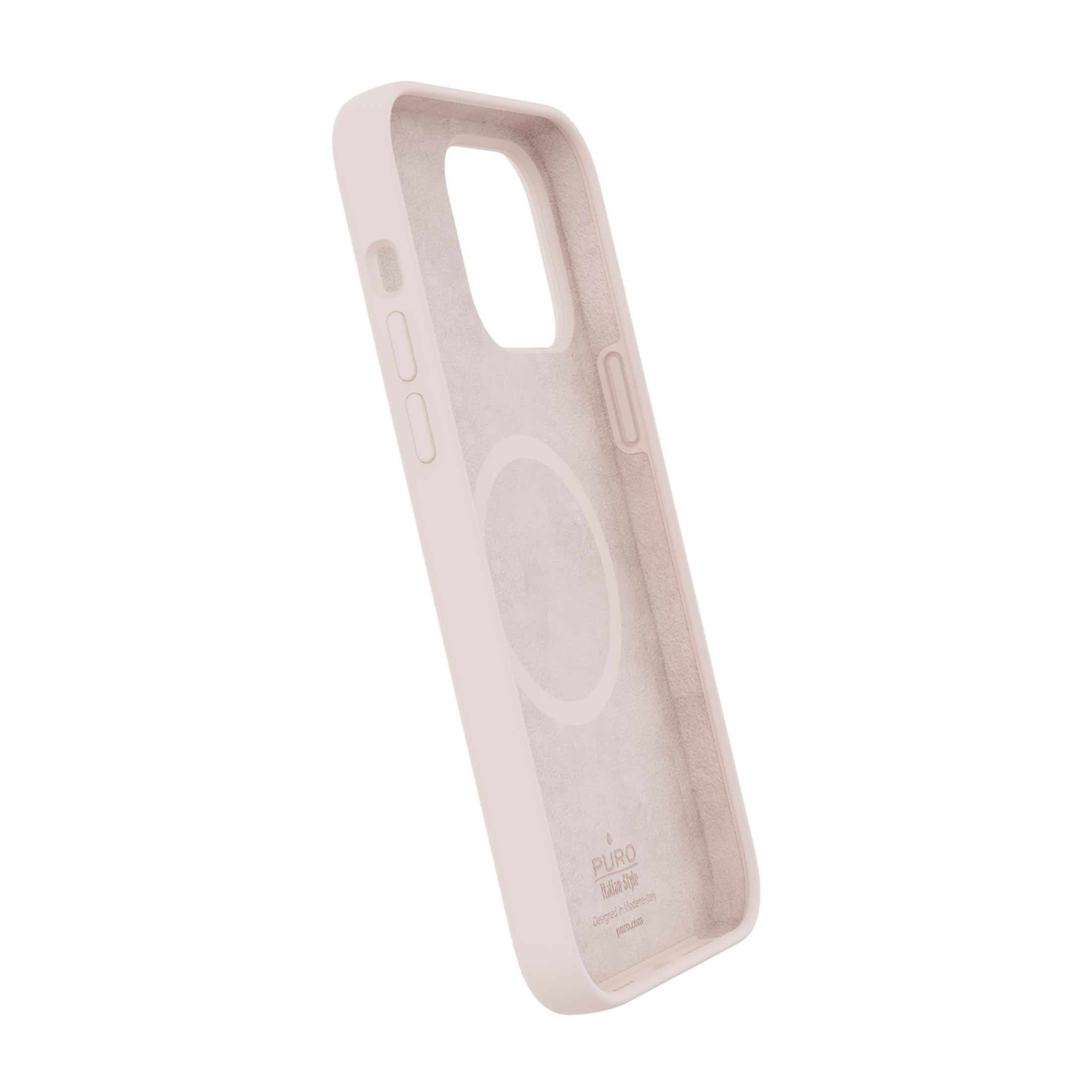 Una cover rosa per telefono con anello magnetico e logo PURO su sfondo bianco.