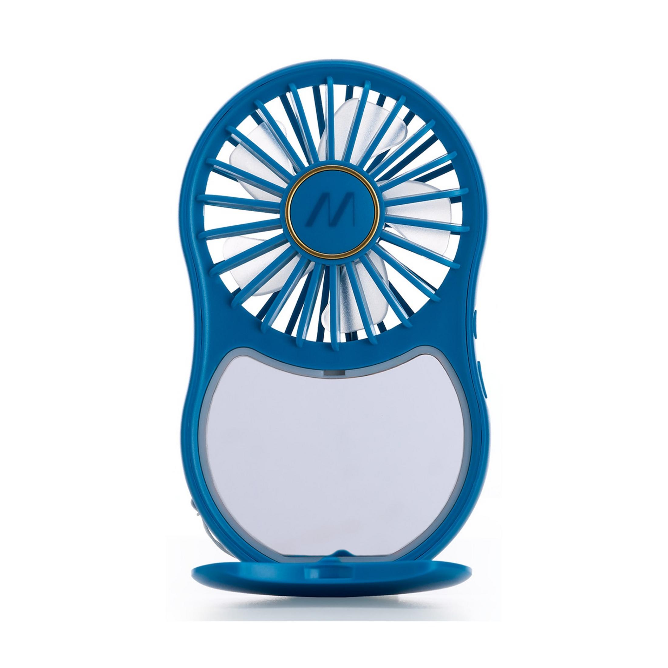 Un ventilatore portatile blu con pale bianche e logo M.