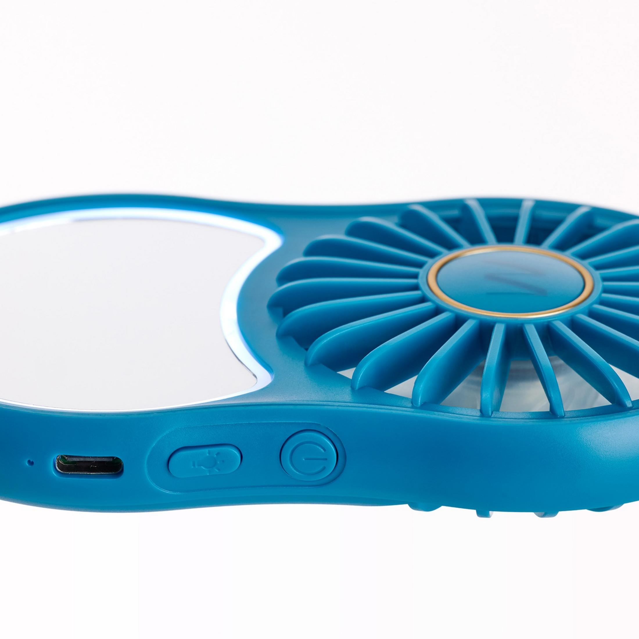 Ventilatore blu portatile con specchio, porta USB e pulsante di accensione.