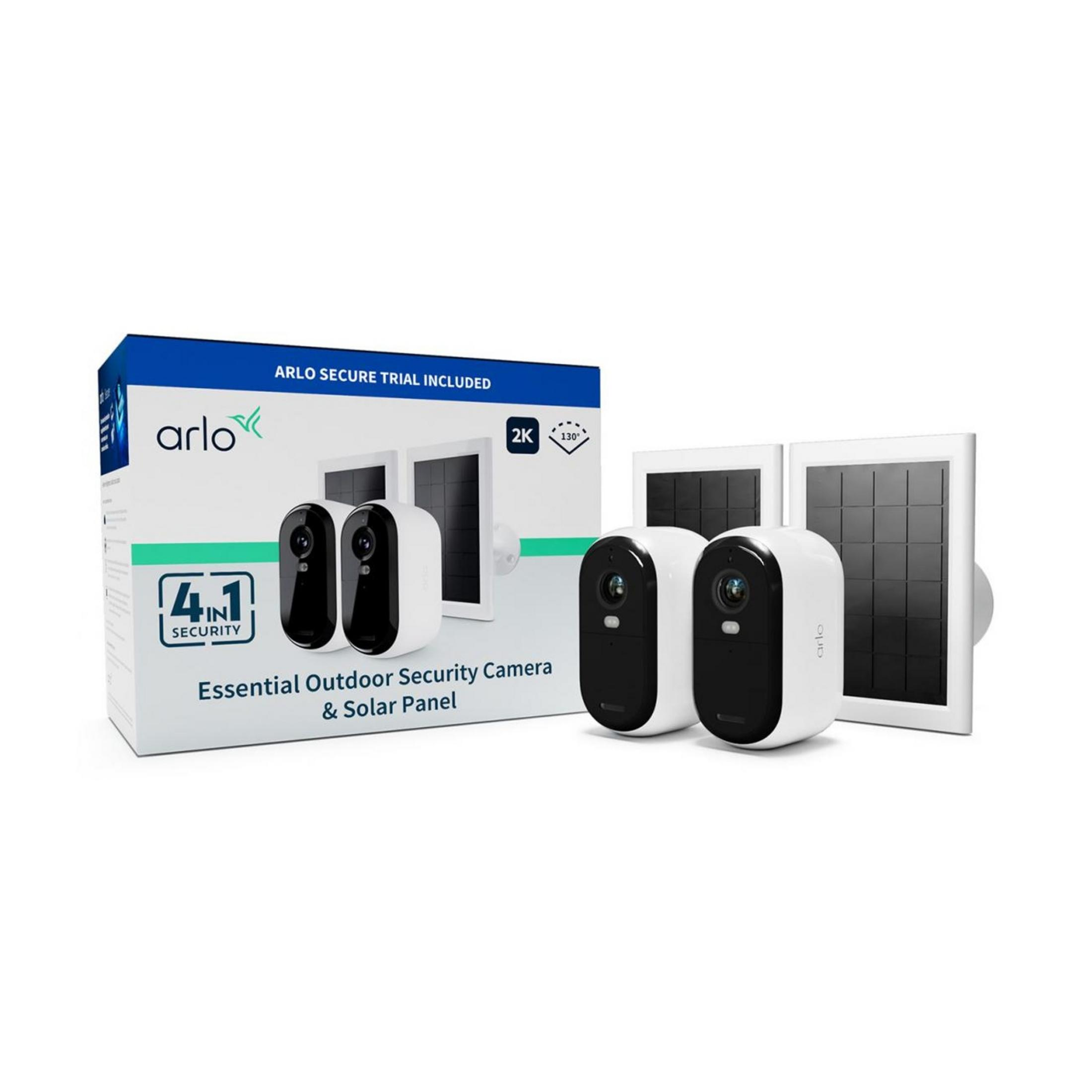 Kamery Arlo Essential Outdoor z panelami słonecznymi i opakowaniem.
