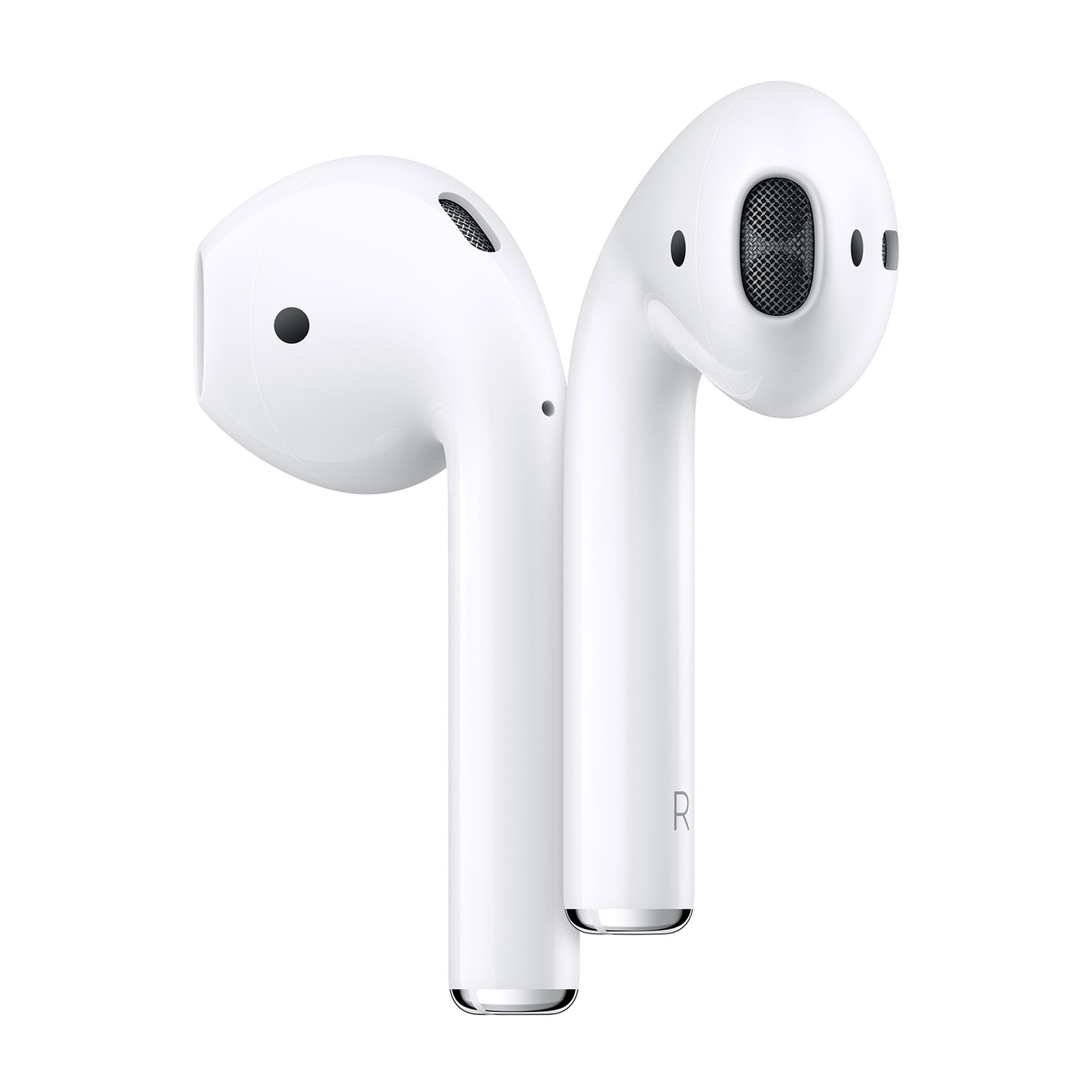 Zwei weiße Apple AirPods auf weißem Hintergrund, mit R für Rechts.