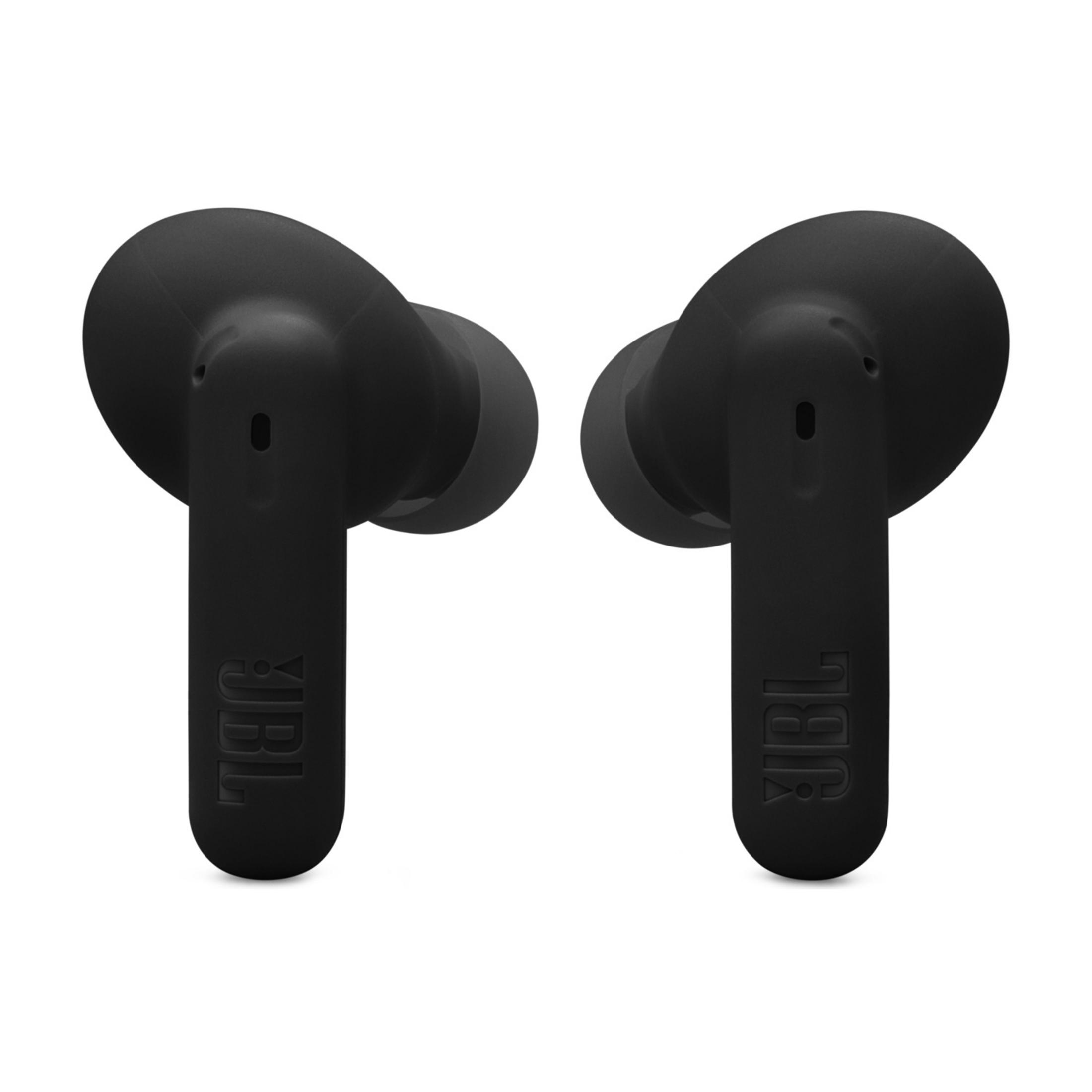 Dos auriculares JBL negros uno al lado del otro sobre fondo blanco.