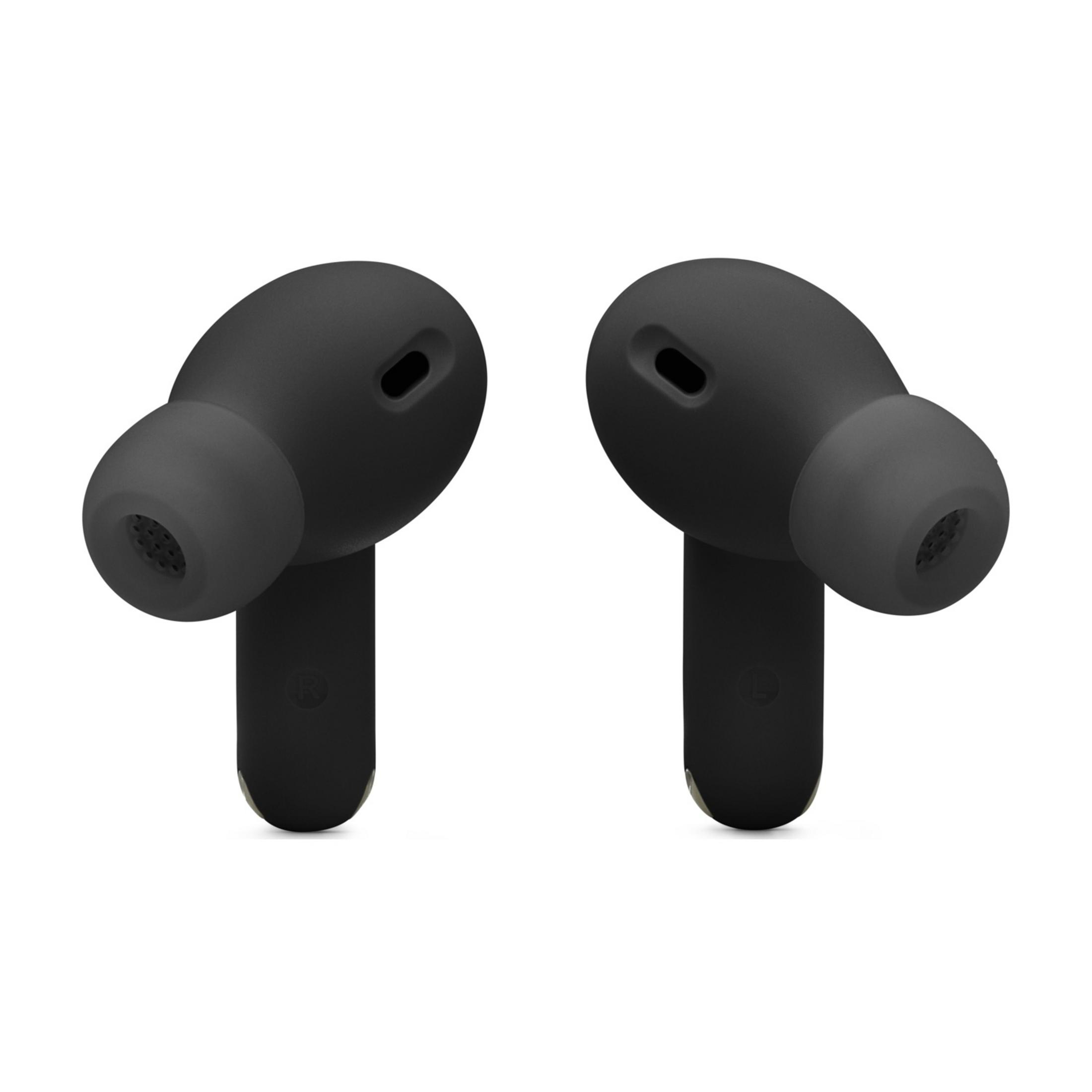 Dos auriculares inalámbricos negros sobre fondo blanco.