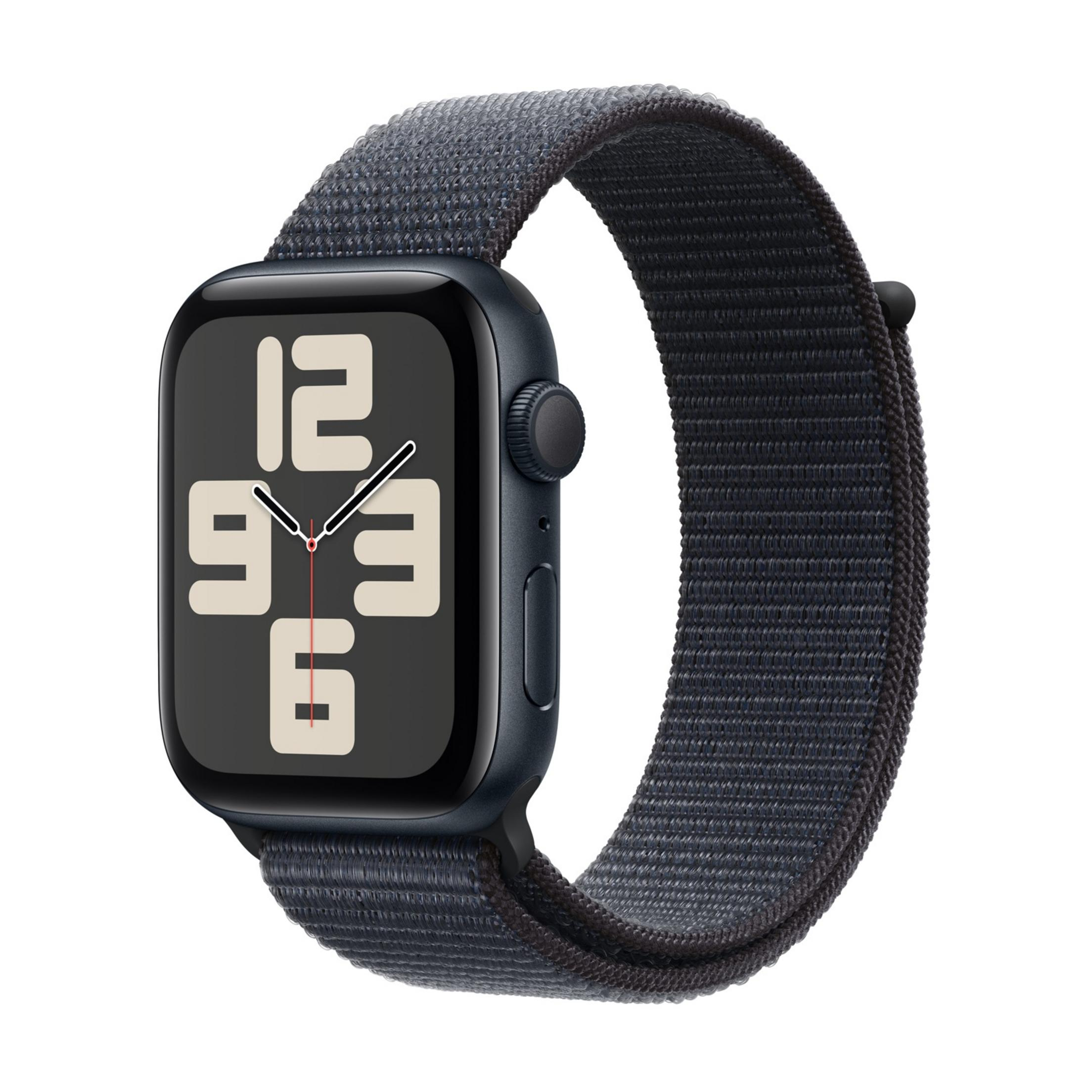 Ciemny smartwatch z szarą tekstylną bransoletą, pokazujący godzinę.