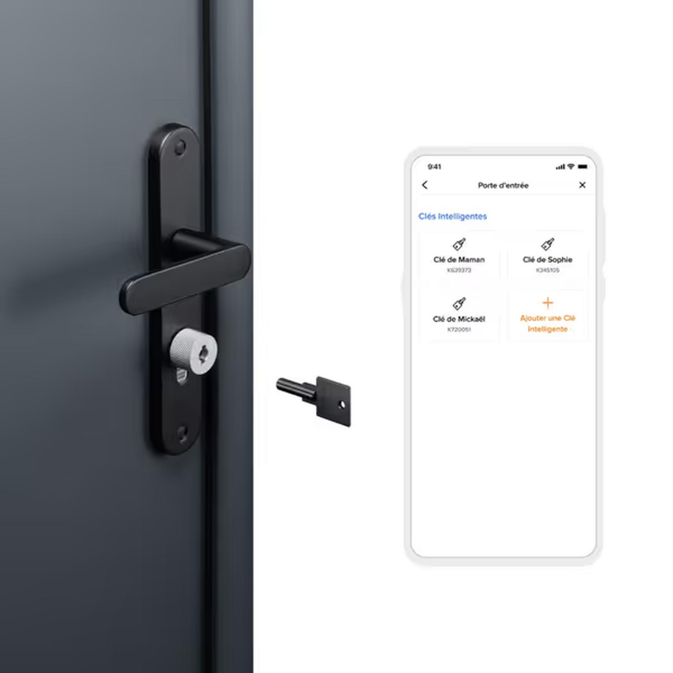 Black door handle with silver cylinder and key. Smartphone app shows smart keys.