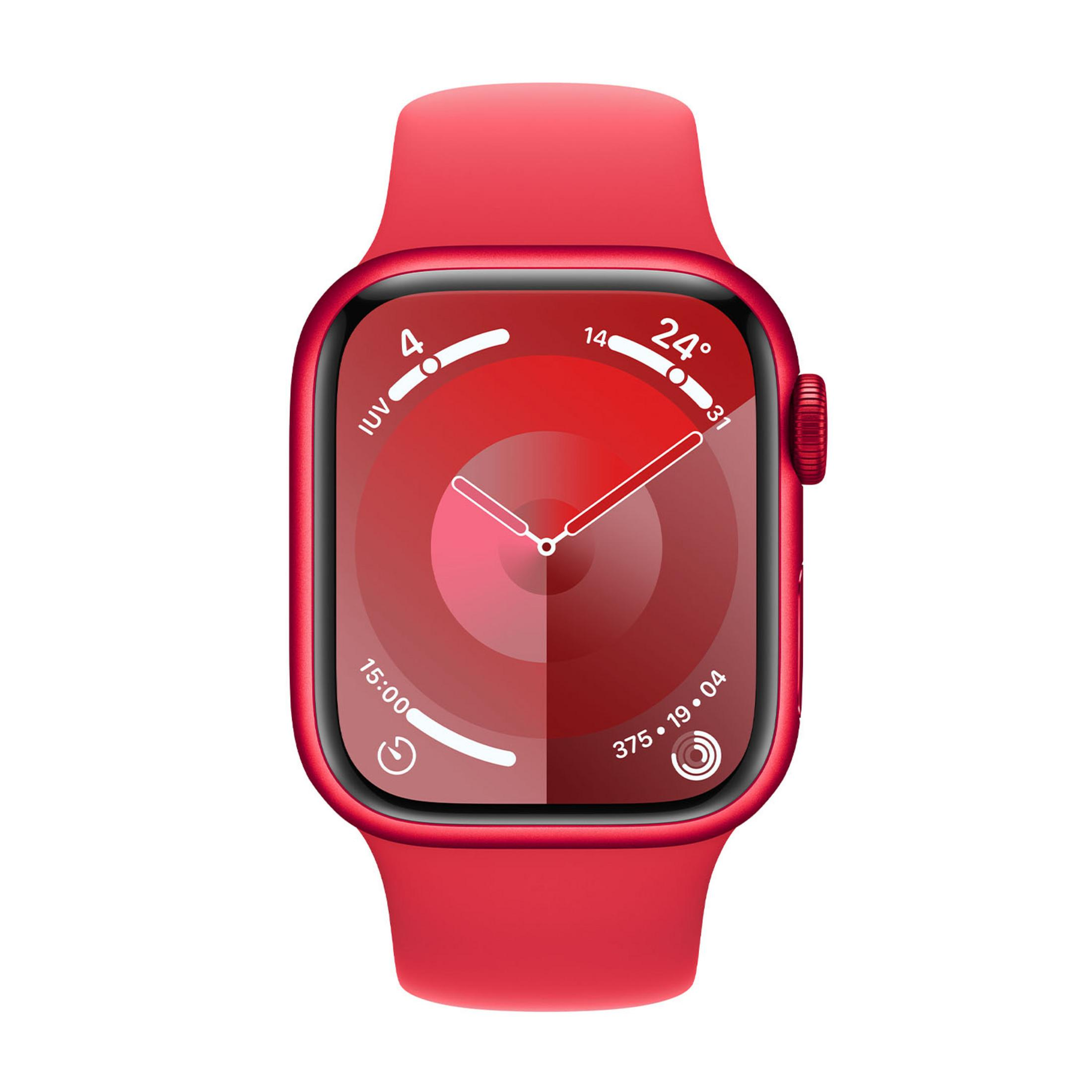 Un reloj inteligente rojo con correa y esfera rojas que muestran información.