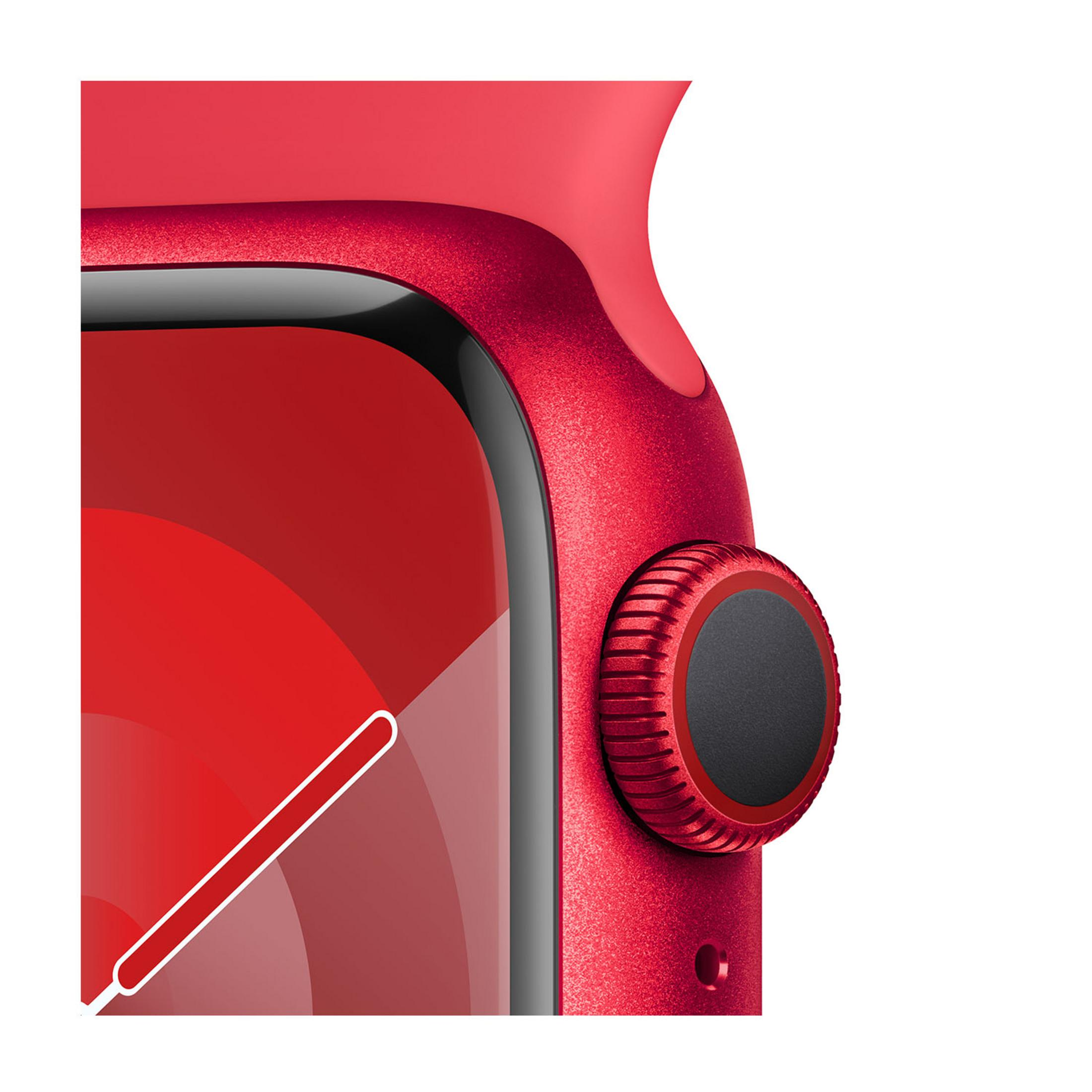 Primer plano de un reloj inteligente rojo, mostrando la corona digital y correa roja.