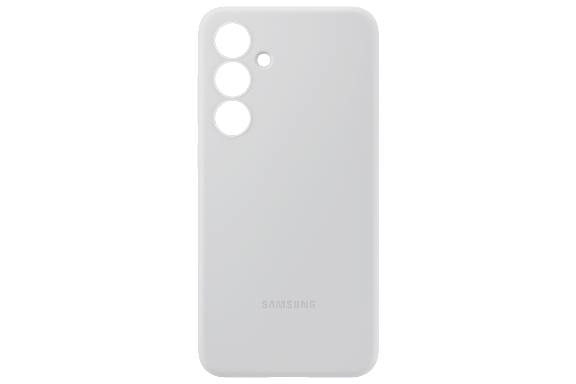 Białe etui na telefon z trzema wycięciami na aparat i logo Samsung.